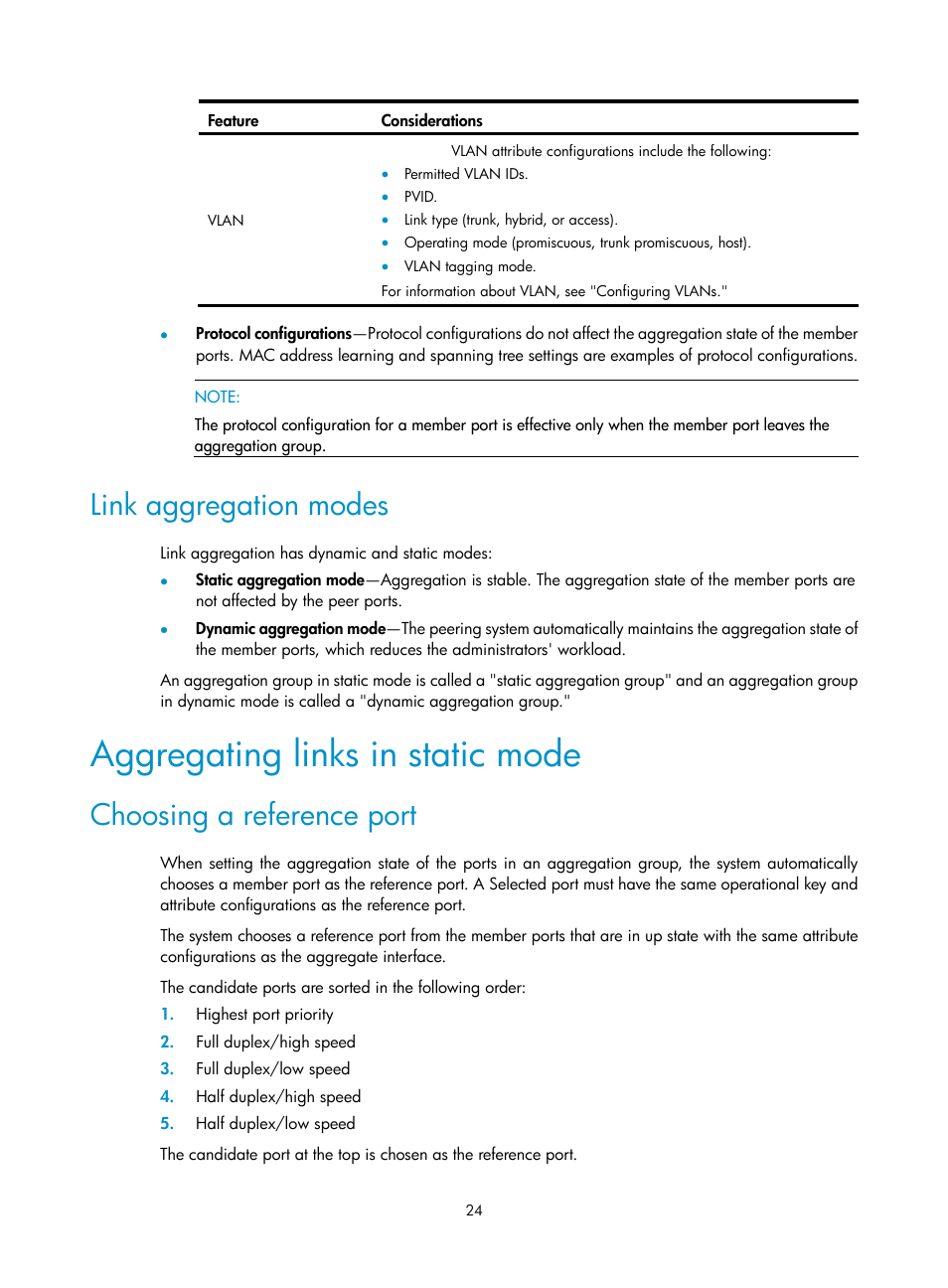 Link aggregation modes, Aggregating links in static mode, Choosing a reference port | H3C Technologies H3C S5560 Series Switches User Manual | Page 58 / 321