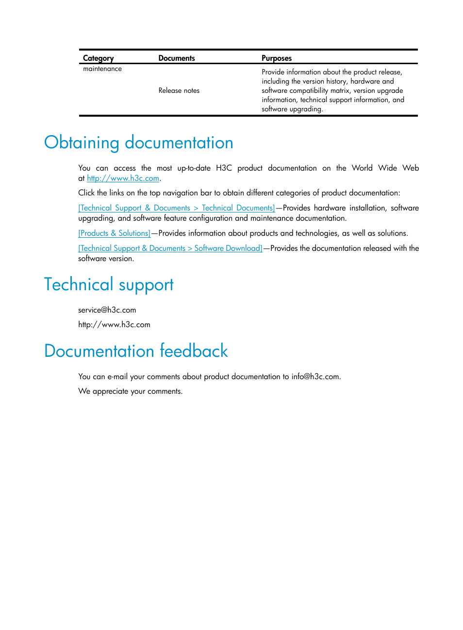 Obtaining documentation, Technical support, Documentation feedback | H3C Technologies H3C S5560 Series Switches User Manual | Page 6 / 321