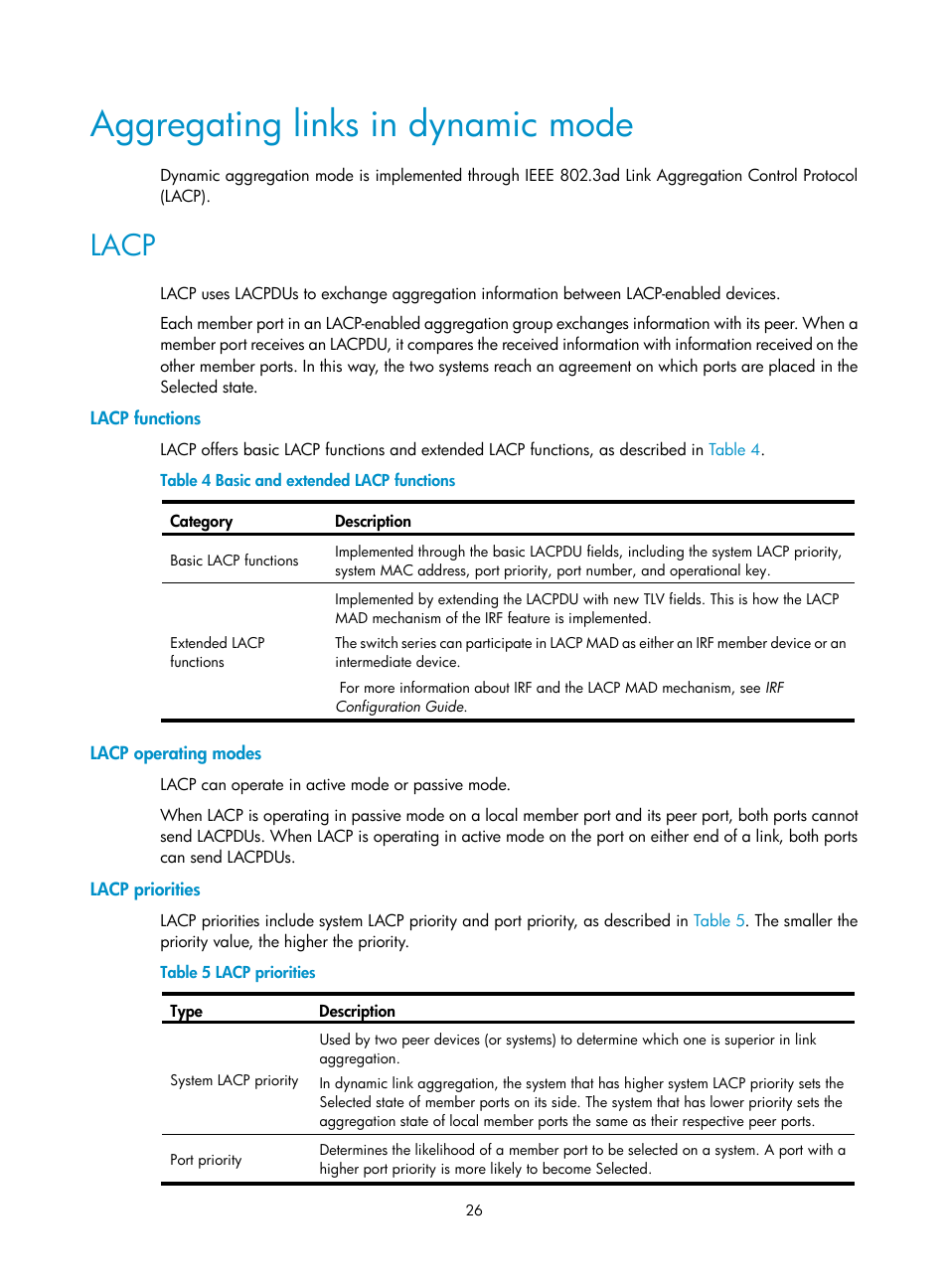 Aggregating links in dynamic mode, Lacp, Lacp functions | Lacp operating modes, Lacp priorities | H3C Technologies H3C S5560 Series Switches User Manual | Page 60 / 321