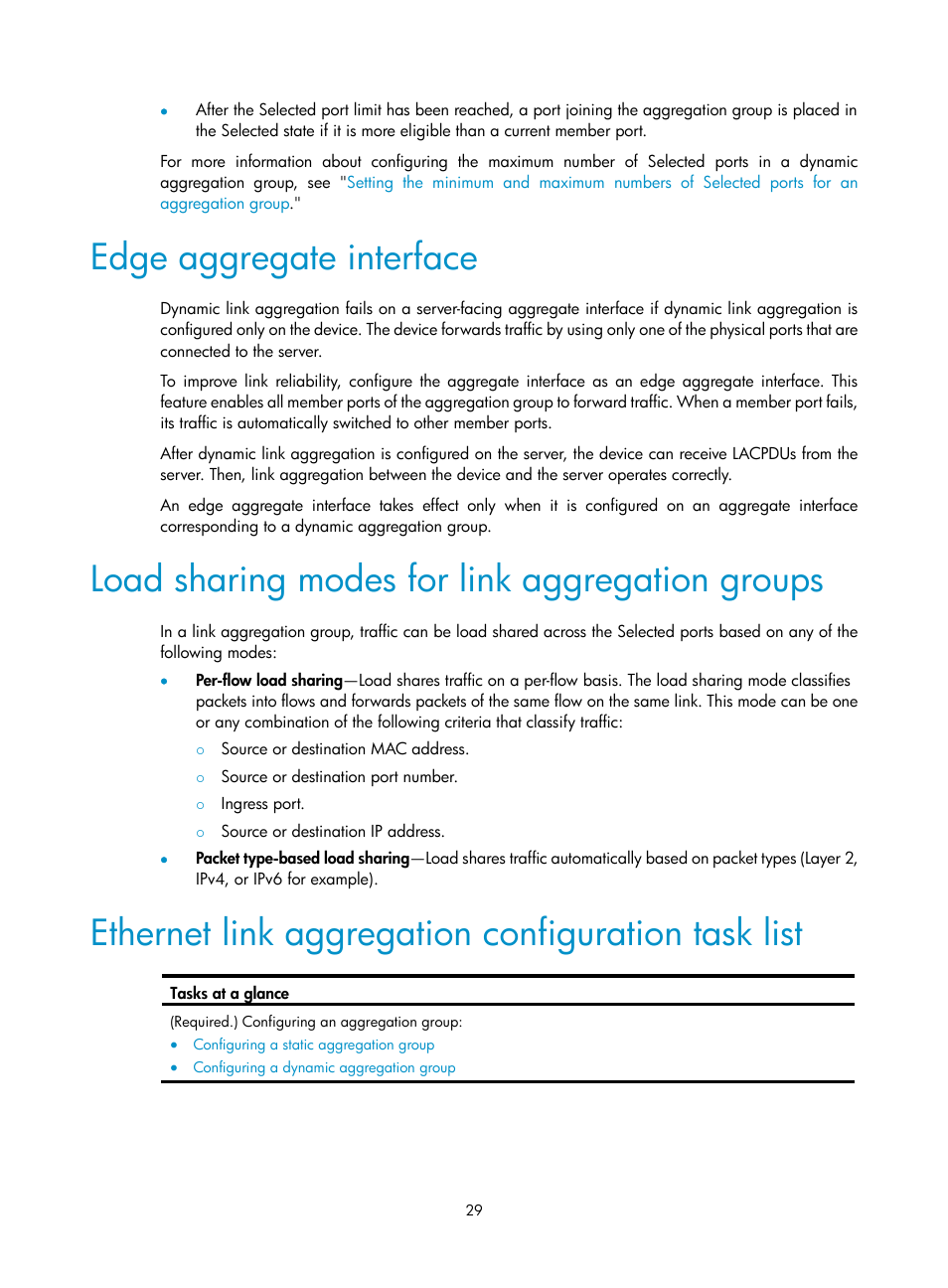 Edge aggregate interface, Load sharing modes for link aggregation groups, Ethernet link aggregation configuration task list | H3C Technologies H3C S5560 Series Switches User Manual | Page 63 / 321