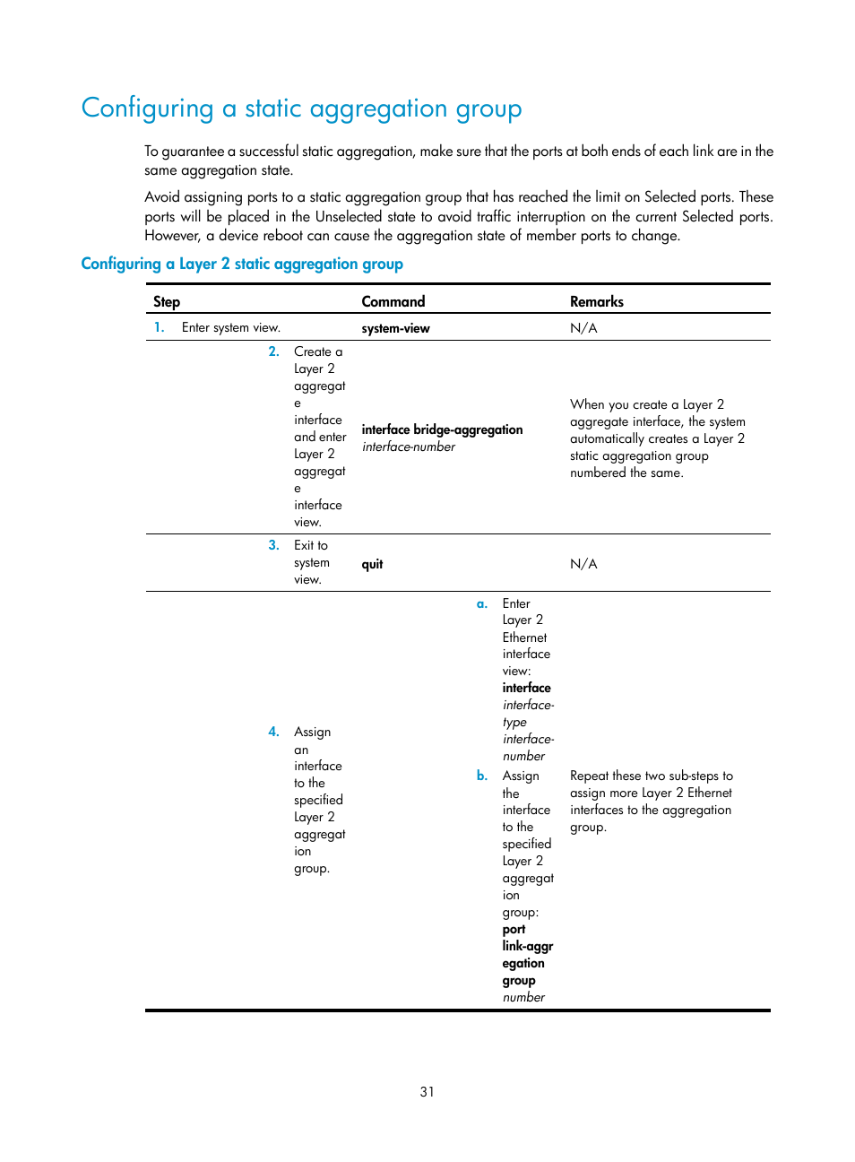 Configuring a static aggregation group, Configuring a layer 2 static aggregation group | H3C Technologies H3C S5560 Series Switches User Manual | Page 65 / 321