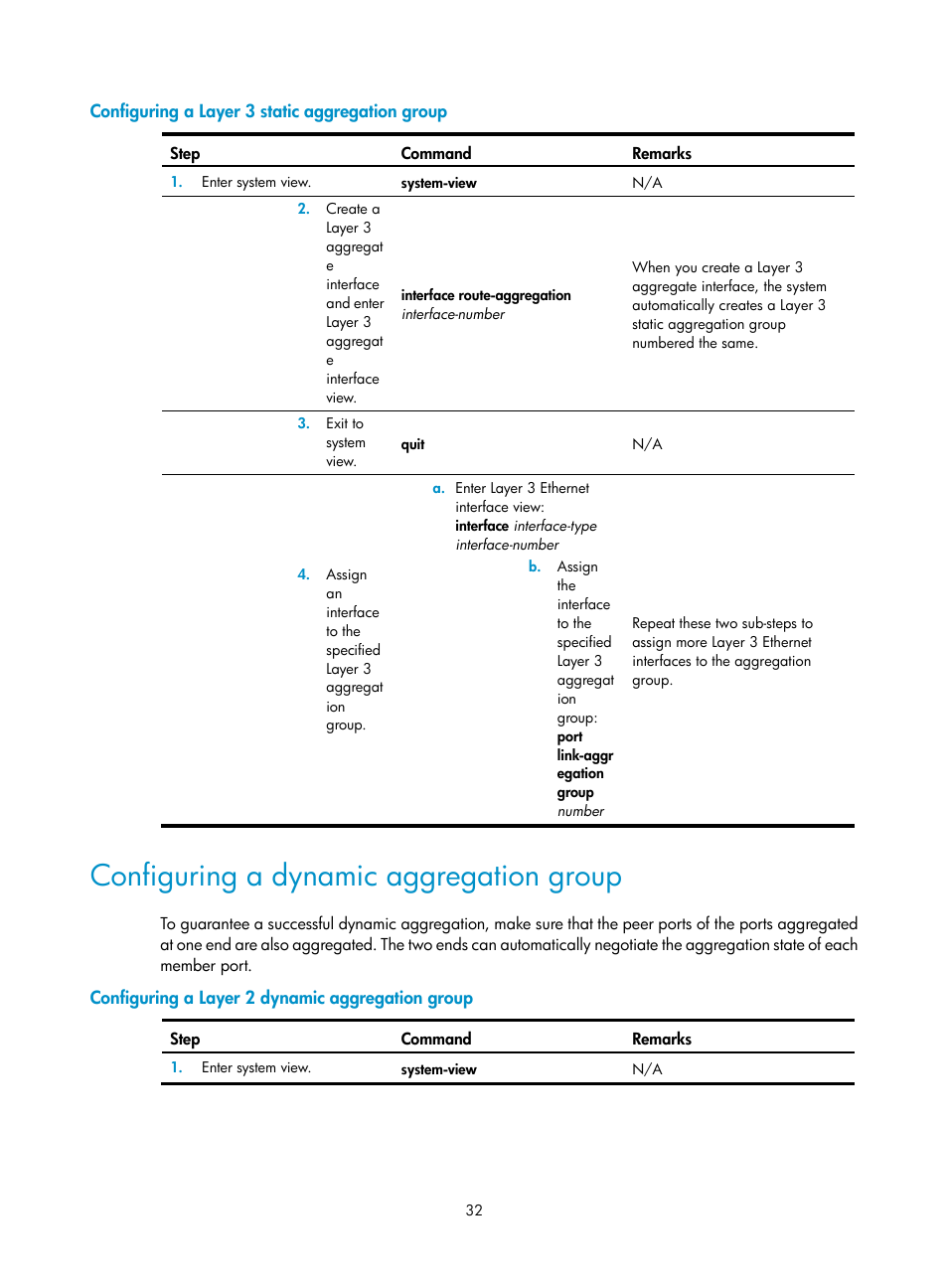 Configuring a layer 3 static aggregation group, Configuring a dynamic aggregation group, Configuring a layer 2 dynamic aggregation group | H3C Technologies H3C S5560 Series Switches User Manual | Page 66 / 321