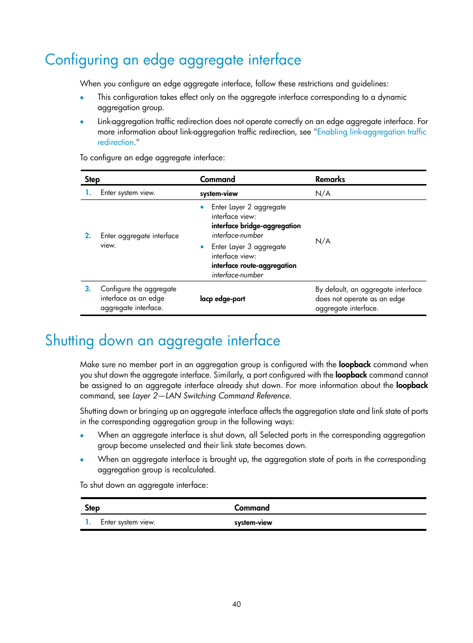 Configuring an edge aggregate interface, Shutting down an aggregate interface | H3C Technologies H3C S5560 Series Switches User Manual | Page 74 / 321