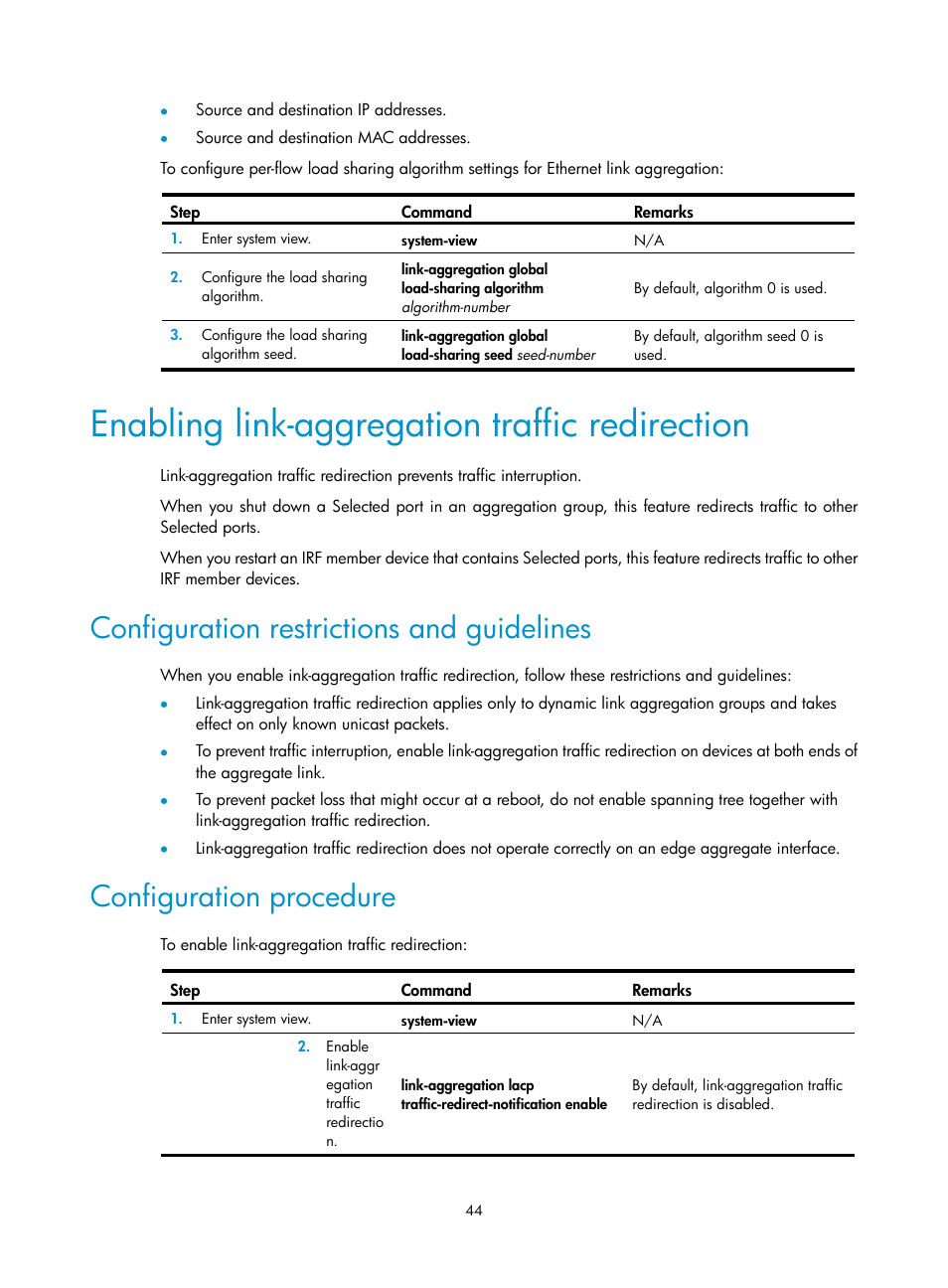 Enabling link-aggregation traffic redirection, Configuration restrictions and guidelines, Configuration procedure | H3C Technologies H3C S5560 Series Switches User Manual | Page 78 / 321