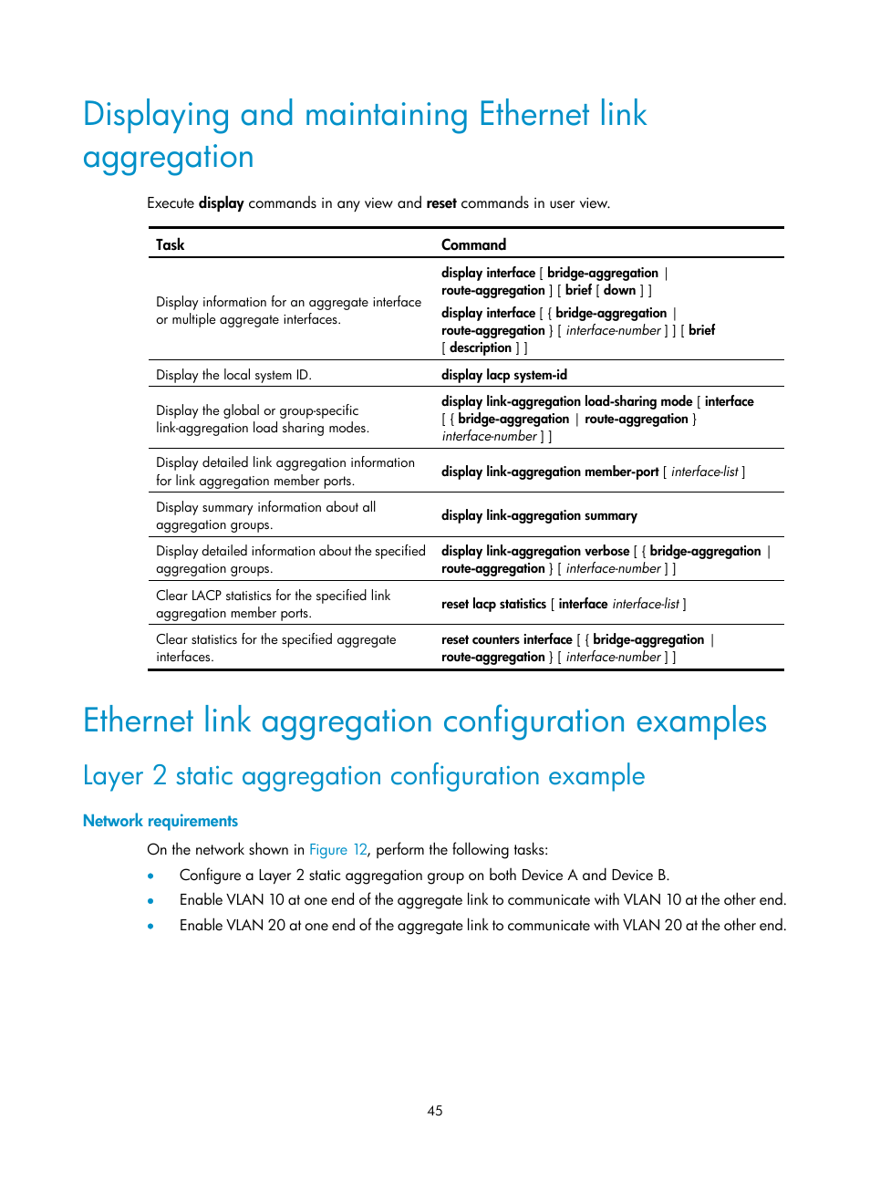 Ethernet link aggregation configuration examples, Layer 2 static aggregation configuration example, Network requirements | H3C Technologies H3C S5560 Series Switches User Manual | Page 79 / 321