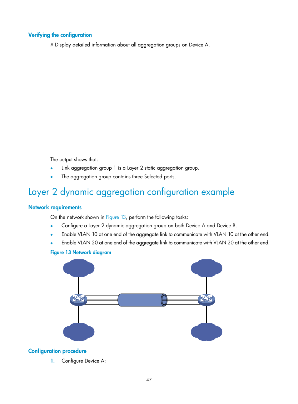 Verifying the configuration, Layer 2 dynamic aggregation configuration example, Network requirements | Configuration procedure | H3C Technologies H3C S5560 Series Switches User Manual | Page 81 / 321