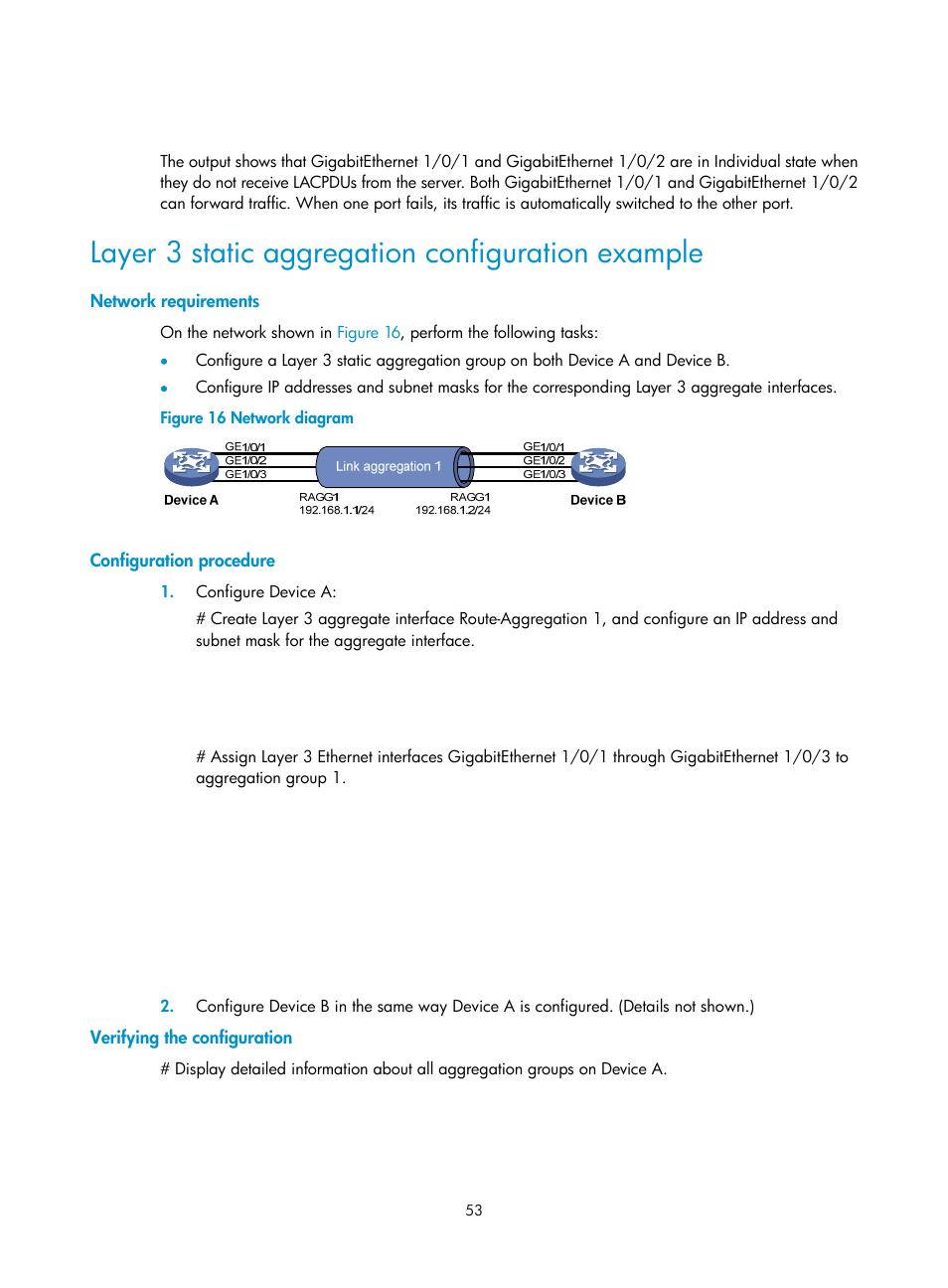 Layer 3 static aggregation configuration example, Network requirements, Configuration procedure | Verifying the configuration | H3C Technologies H3C S5560 Series Switches User Manual | Page 87 / 321