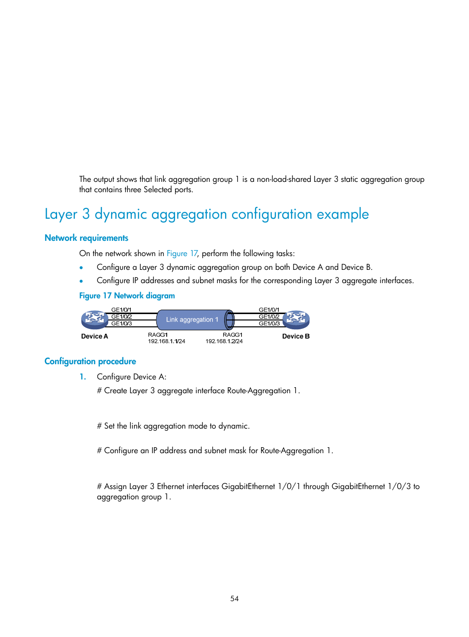 Layer 3 dynamic aggregation configuration example, Network requirements, Configuration procedure | H3C Technologies H3C S5560 Series Switches User Manual | Page 88 / 321