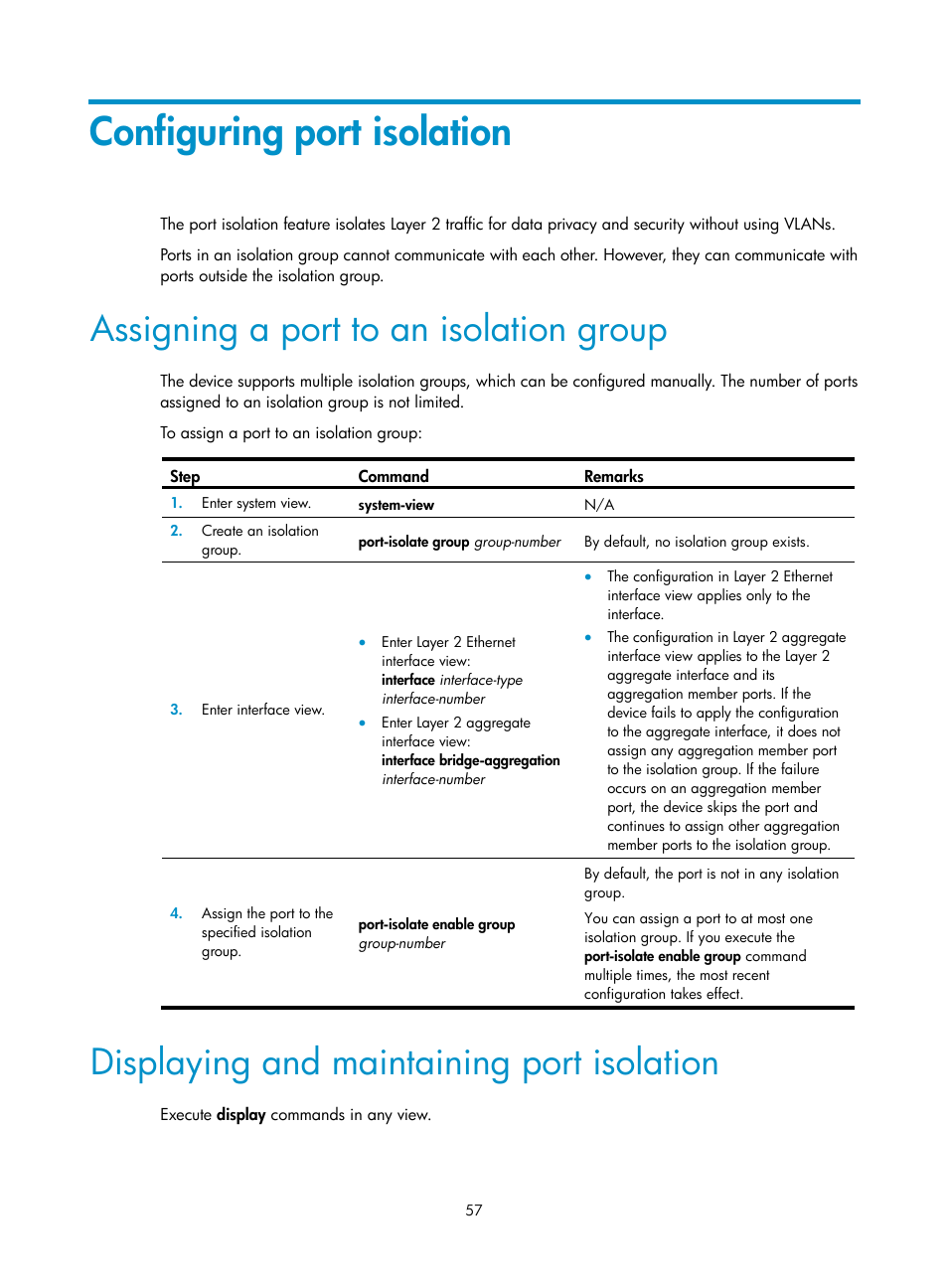 Configuring port isolation, Assigning a port to an isolation group, Displaying and maintaining port isolation | H3C Technologies H3C S5560 Series Switches User Manual | Page 91 / 321