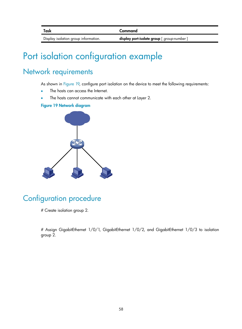 Port isolation configuration example, Network requirements, Configuration procedure | H3C Technologies H3C S5560 Series Switches User Manual | Page 92 / 321