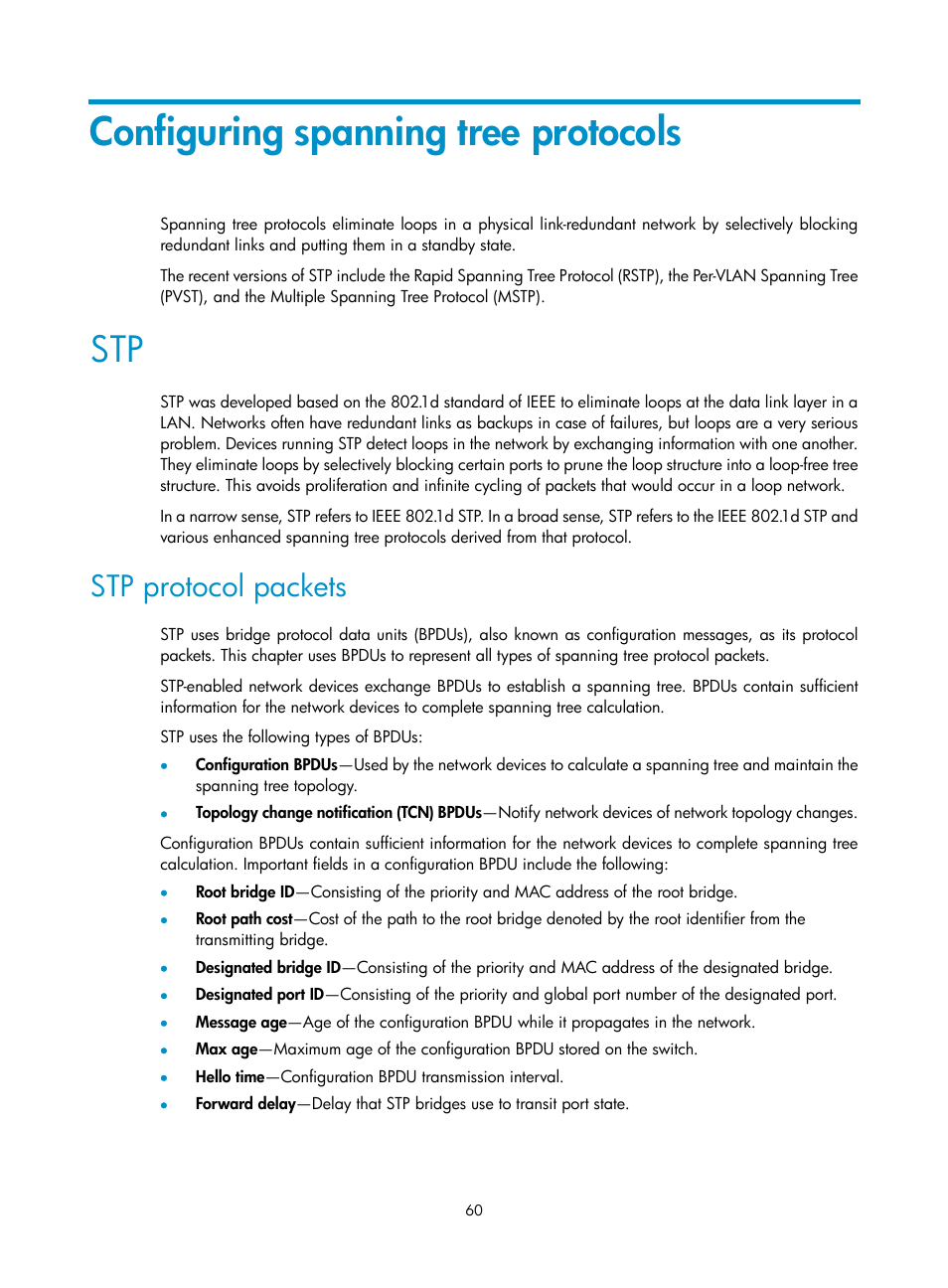 Configuring spanning tree protocols, Stp protocol packets | H3C Technologies H3C S5560 Series Switches User Manual | Page 94 / 321