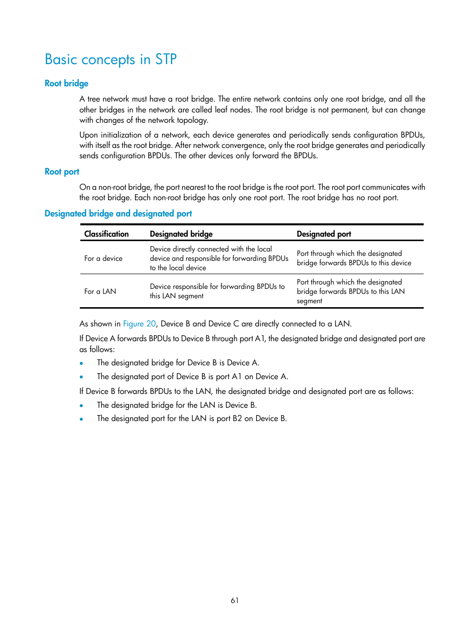 Basic concepts in stp, Root bridge, Root port | Designated bridge and designated port | H3C Technologies H3C S5560 Series Switches User Manual | Page 95 / 321