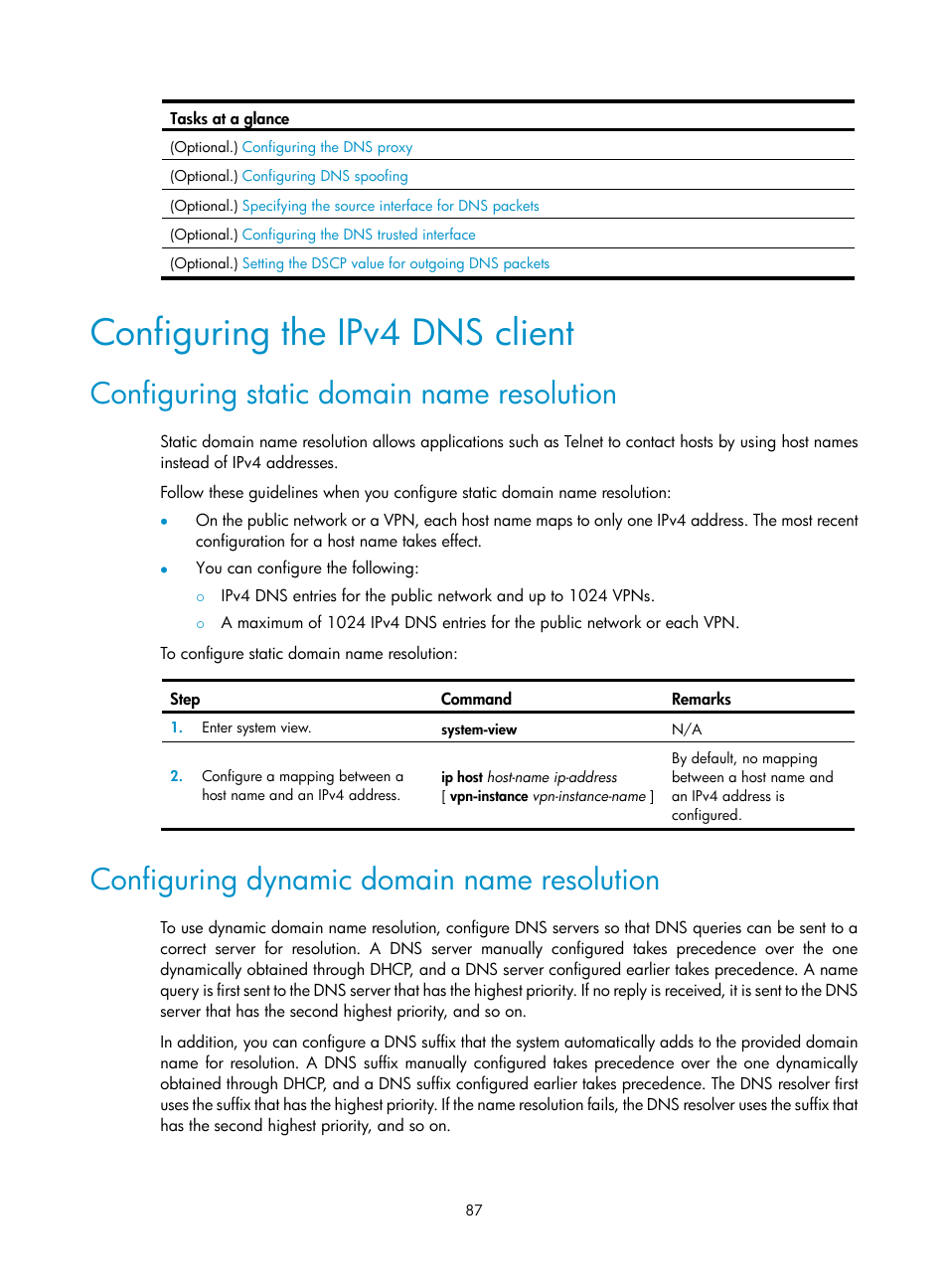 Configuring the ipv4 dns client, Configuring static domain name resolution, Configuring dynamic domain name resolution | H3C Technologies H3C S5560 Series Switches User Manual | Page 102 / 291