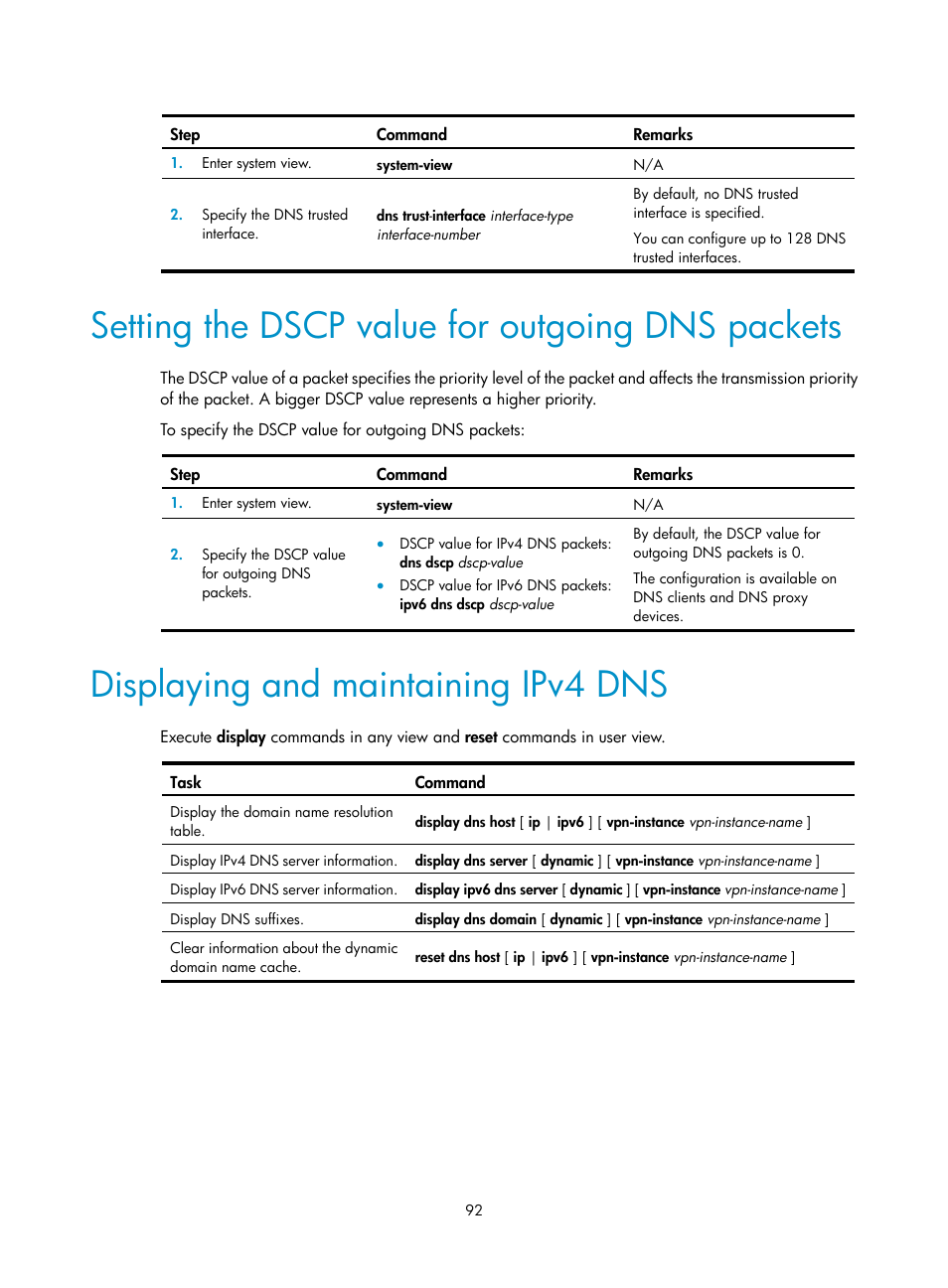 Setting the dscp value for outgoing dns packets, Displaying and maintaining ipv4 dns | H3C Technologies H3C S5560 Series Switches User Manual | Page 107 / 291