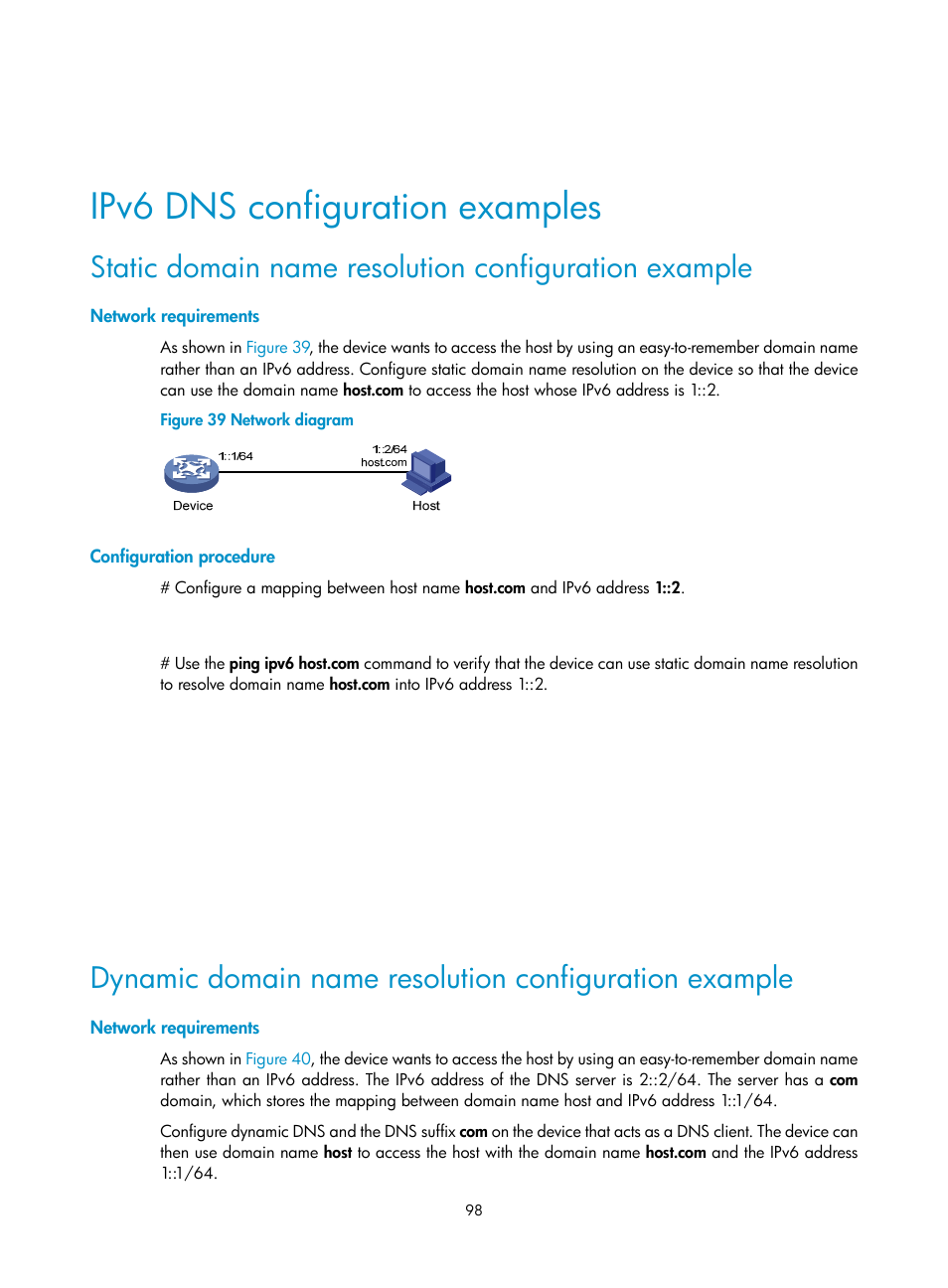 Ipv6 dns configuration examples, Network requirements, Configuration procedure | H3C Technologies H3C S5560 Series Switches User Manual | Page 113 / 291