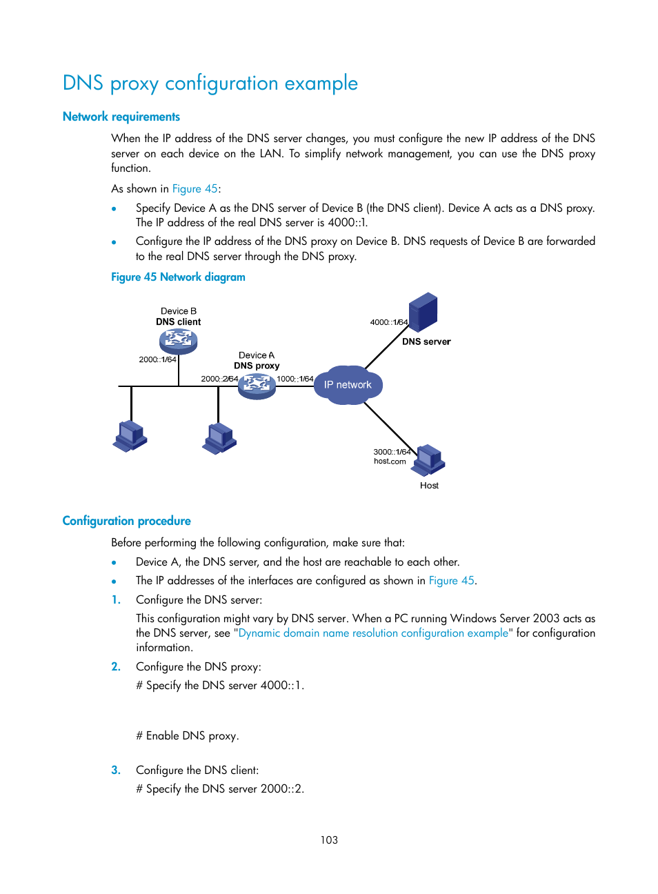 Dns proxy configuration example, Network requirements, Configuration procedure | H3C Technologies H3C S5560 Series Switches User Manual | Page 118 / 291
