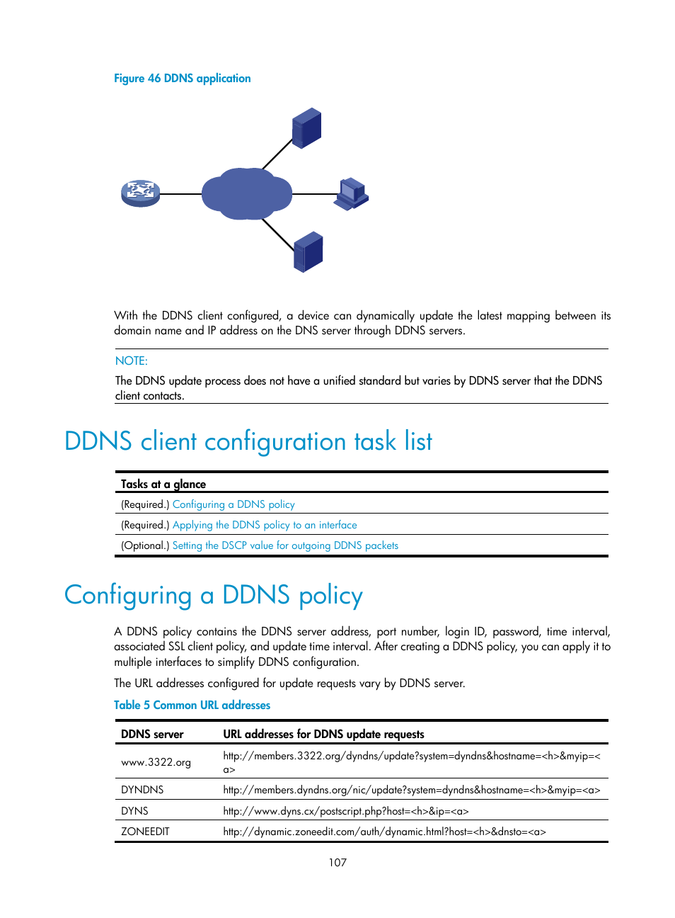 Ddns client configuration task list, Configuring a ddns policy | H3C Technologies H3C S5560 Series Switches User Manual | Page 122 / 291