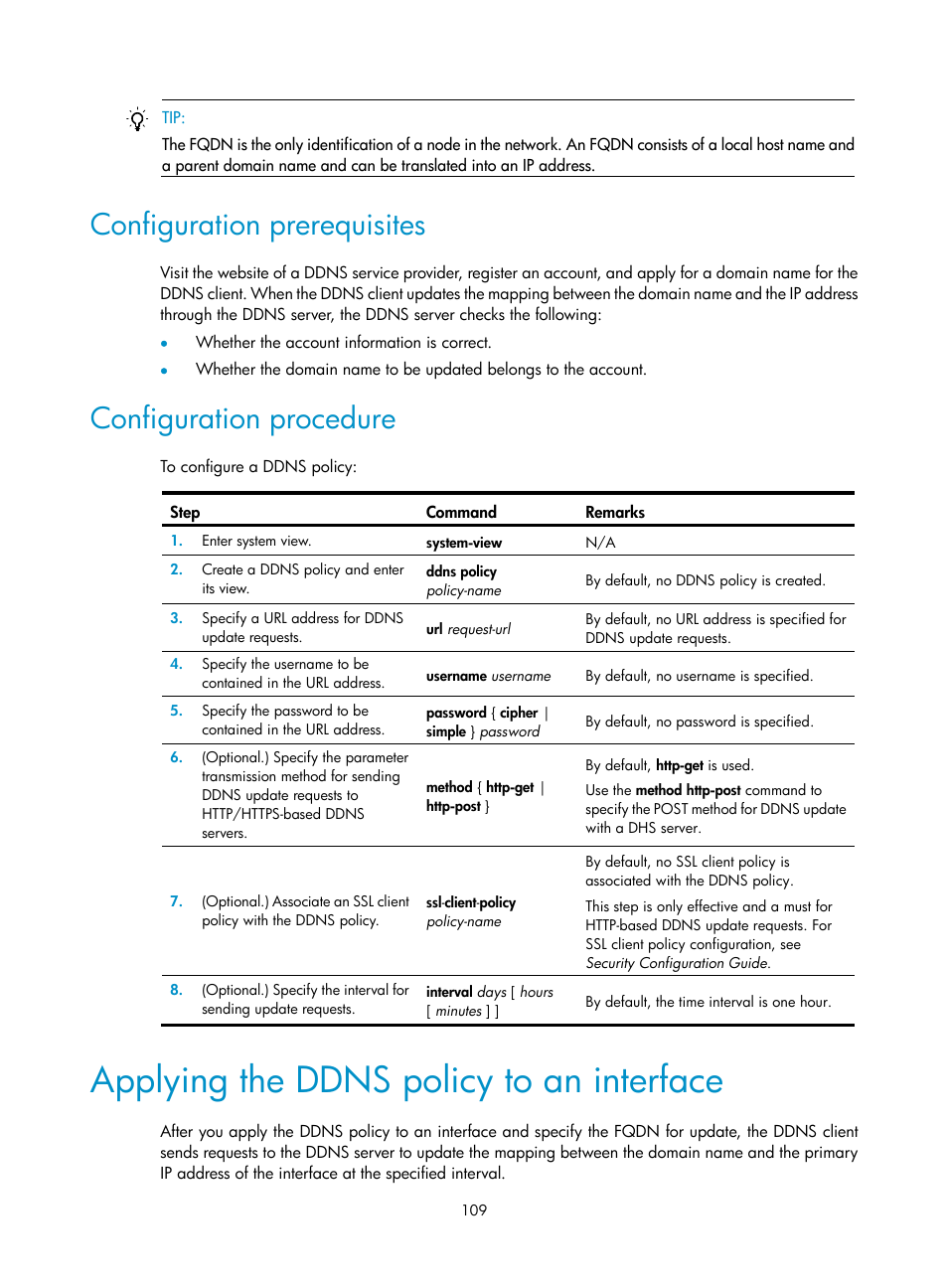 Configuration prerequisites, Configuration procedure, Applying the ddns policy to an interface | Required.) | H3C Technologies H3C S5560 Series Switches User Manual | Page 124 / 291