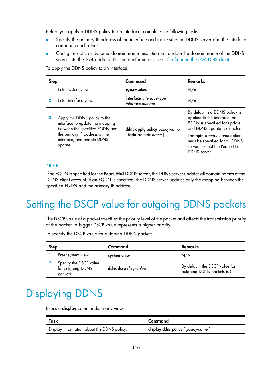 Setting the dscp value for outgoing ddns packets, Displaying ddns | H3C Technologies H3C S5560 Series Switches User Manual | Page 125 / 291