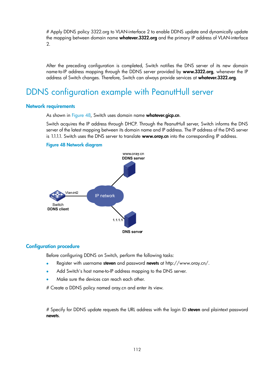 Ddns configuration example with peanuthull server, Network requirements, Configuration procedure | H3C Technologies H3C S5560 Series Switches User Manual | Page 127 / 291