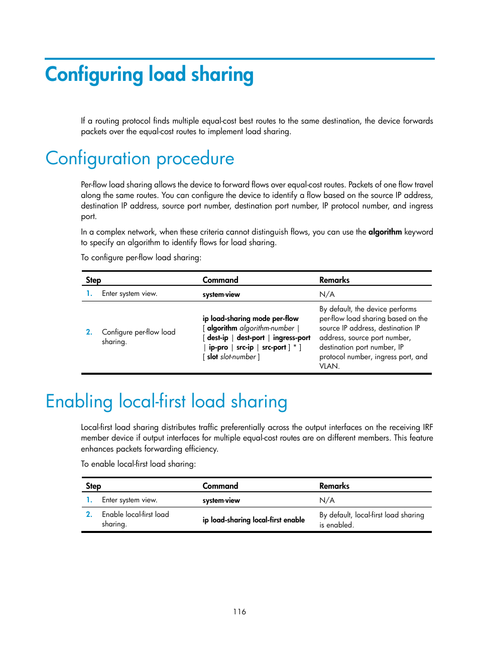 Configuring load sharing, Configuration procedure, Enabling local-first load sharing | H3C Technologies H3C S5560 Series Switches User Manual | Page 131 / 291