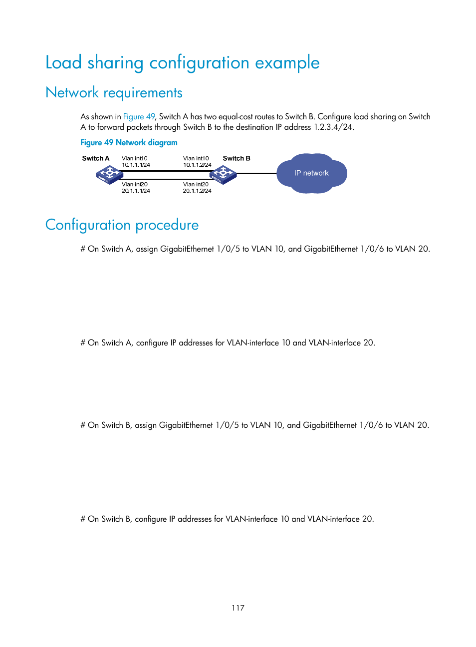 Load sharing configuration example, Network requirements, Configuration procedure | H3C Technologies H3C S5560 Series Switches User Manual | Page 132 / 291