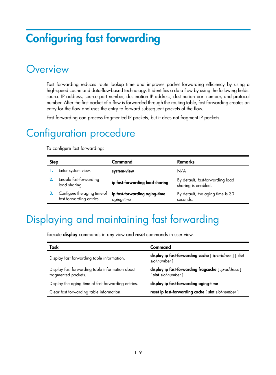 Configuring fast forwarding, Overview, Configuration procedure | Displaying and maintaining fast forwarding | H3C Technologies H3C S5560 Series Switches User Manual | Page 134 / 291