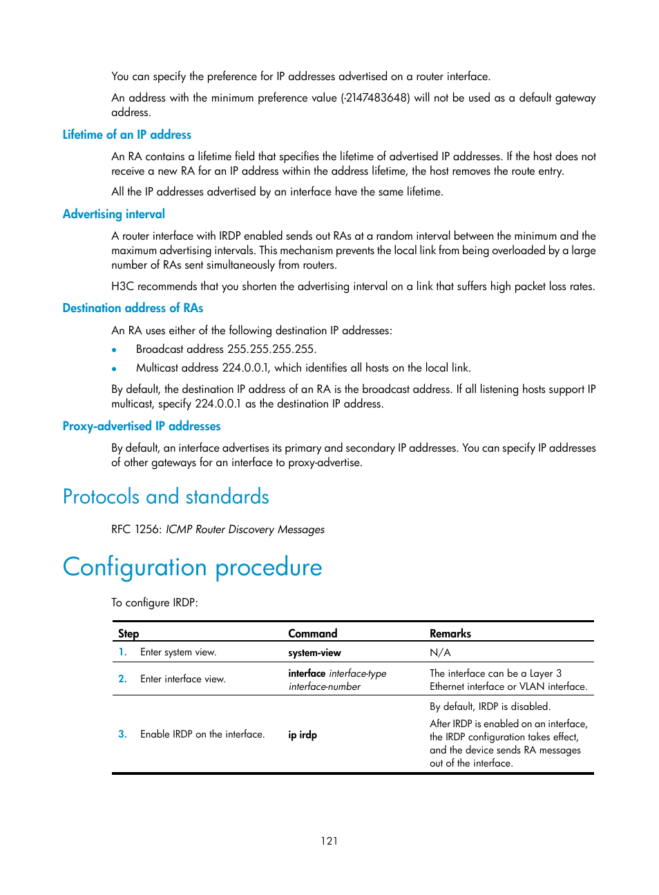 Lifetime of an ip address, Advertising interval, Destination address of ras | Proxy-advertised ip addresses, Protocols and standards, Configuration procedure | H3C Technologies H3C S5560 Series Switches User Manual | Page 136 / 291