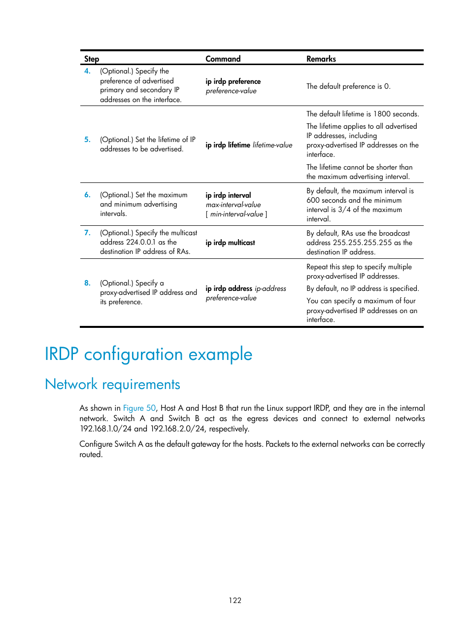 Irdp configuration example, Network requirements | H3C Technologies H3C S5560 Series Switches User Manual | Page 137 / 291