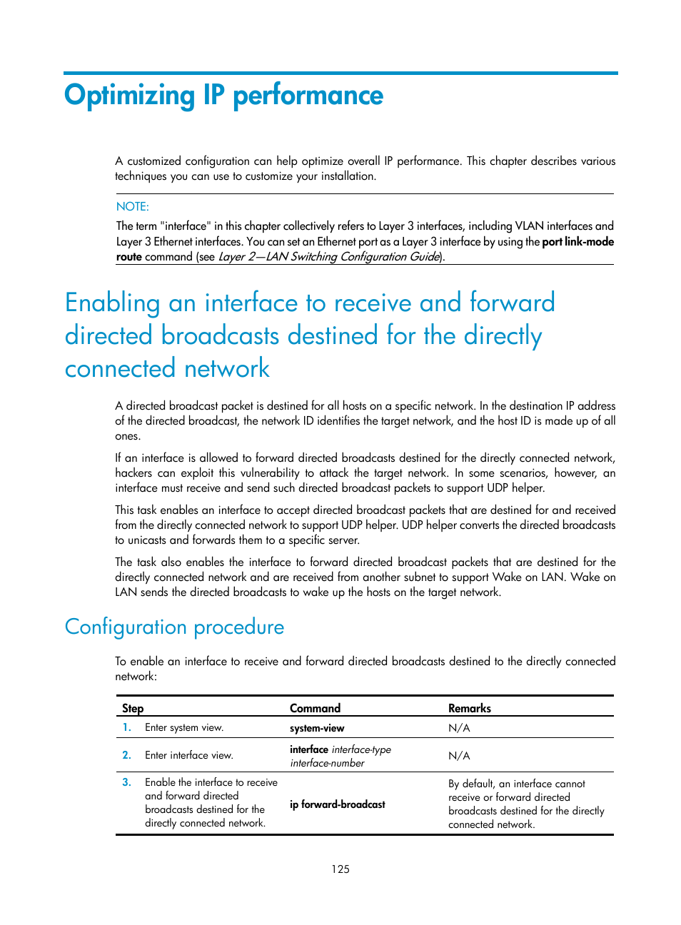 Optimizing ip performance, Configuration procedure | H3C Technologies H3C S5560 Series Switches User Manual | Page 140 / 291