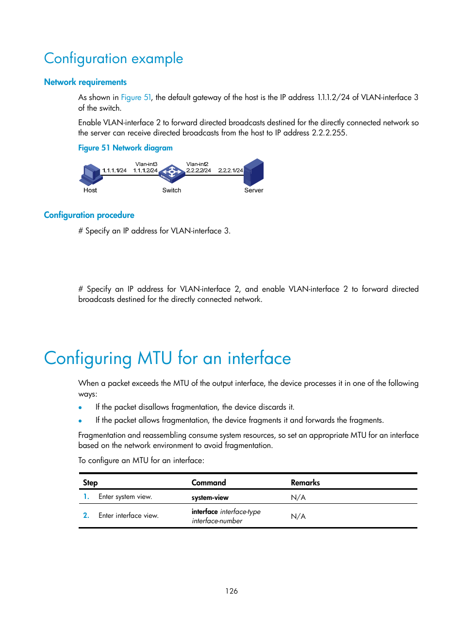 Configuration example, Network requirements, Configuration procedure | Configuring mtu for an interface | H3C Technologies H3C S5560 Series Switches User Manual | Page 141 / 291