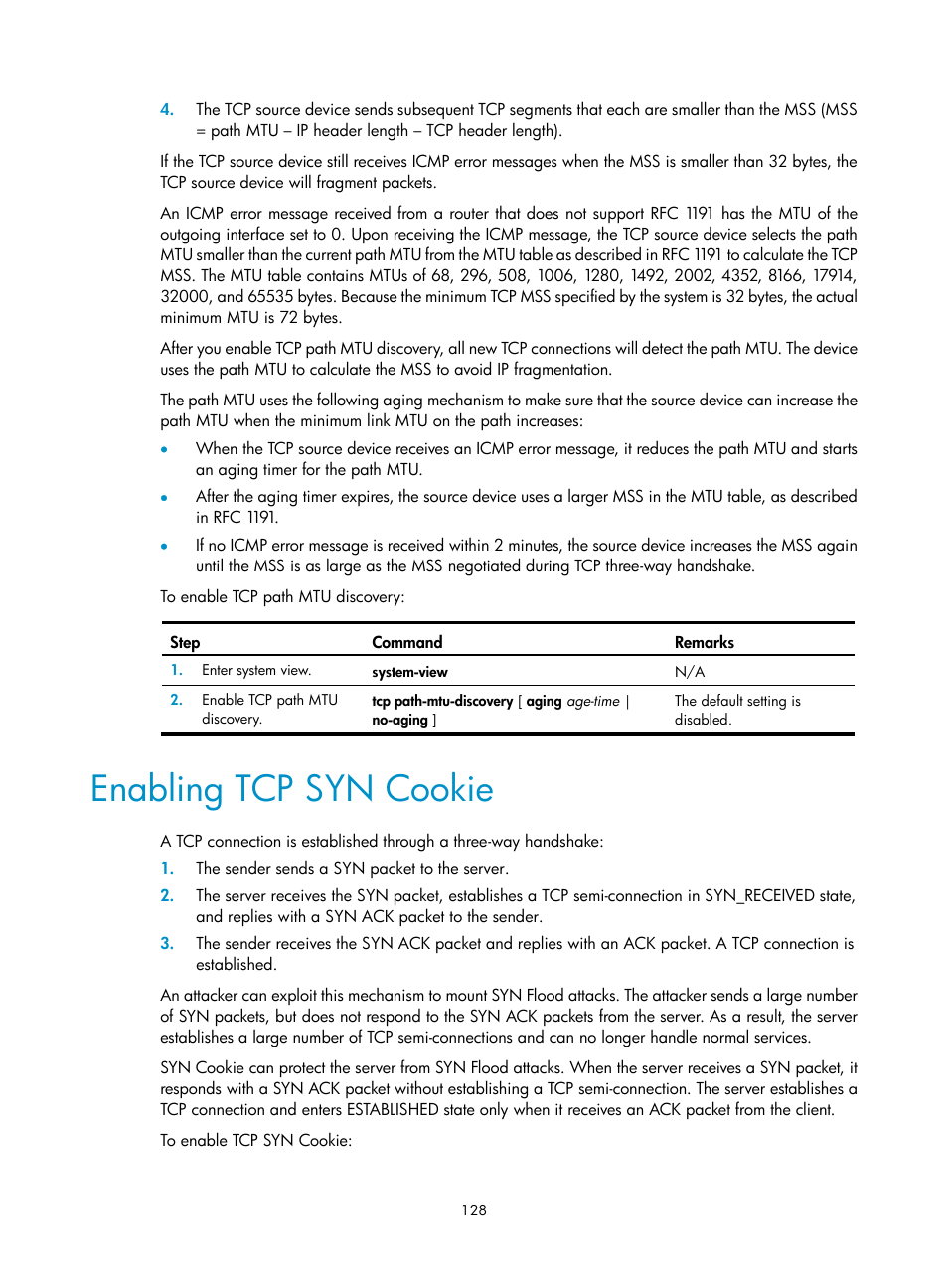 Enabling tcp syn cookie | H3C Technologies H3C S5560 Series Switches User Manual | Page 143 / 291