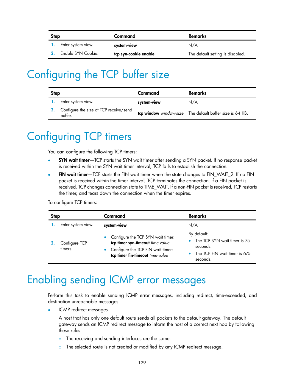 Configuring the tcp buffer size, Configuring tcp timers, Enabling sending icmp error messages | H3C Technologies H3C S5560 Series Switches User Manual | Page 144 / 291