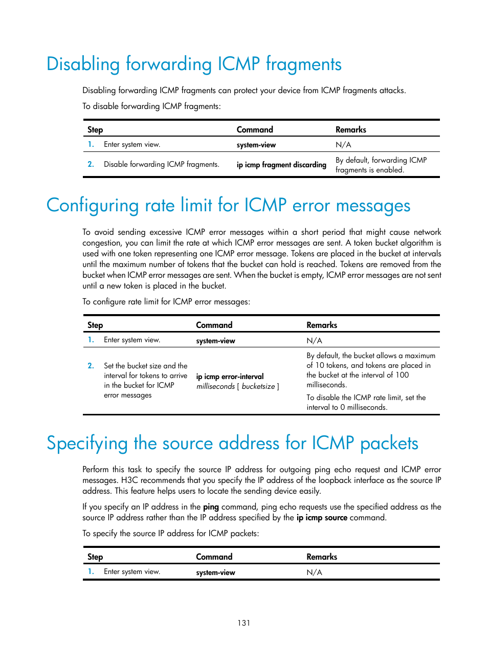 Disabling forwarding icmp fragments, Configuring rate limit for icmp error messages, Specifying the source address for icmp packets | H3C Technologies H3C S5560 Series Switches User Manual | Page 146 / 291