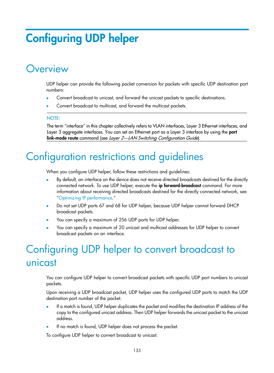 Configuring udp helper, Overview, Configuration restrictions and guidelines | H3C Technologies H3C S5560 Series Switches User Manual | Page 148 / 291