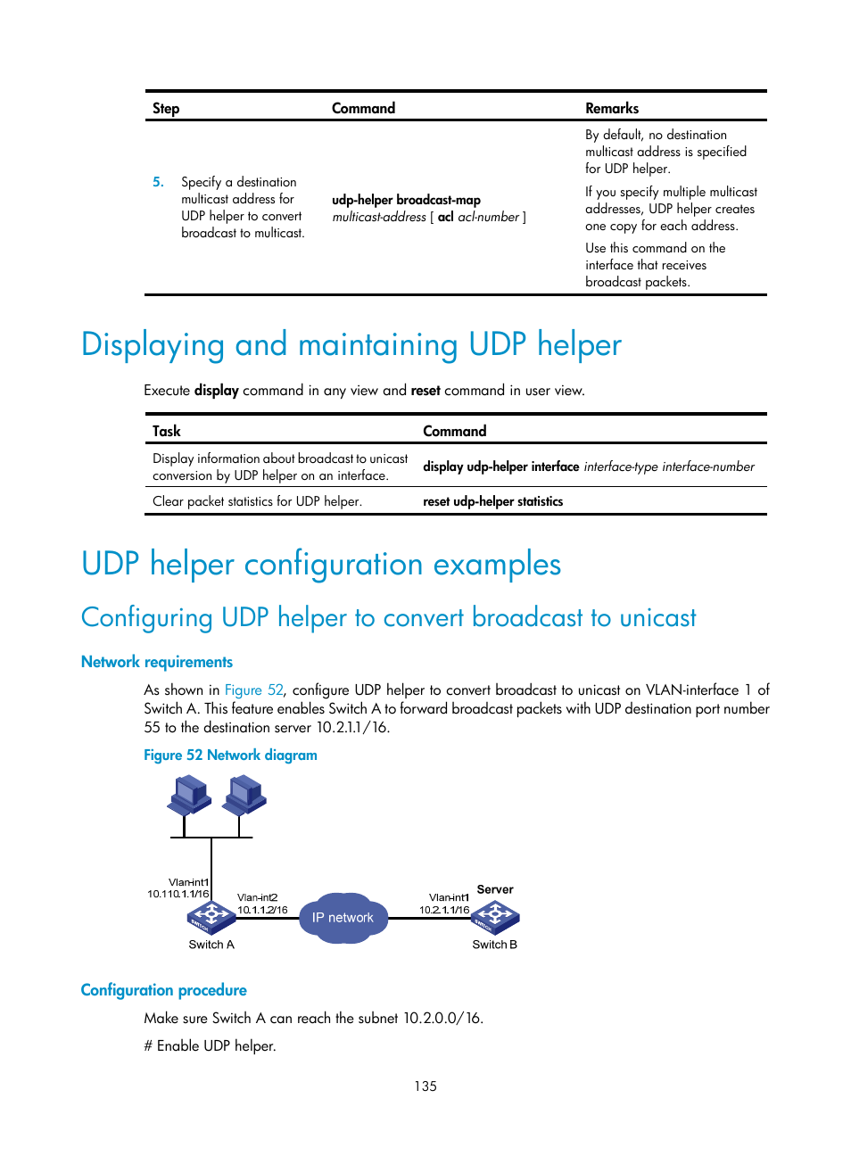 Displaying and maintaining udp helper, Udp helper configuration examples, Network requirements | Configuration procedure | H3C Technologies H3C S5560 Series Switches User Manual | Page 150 / 291