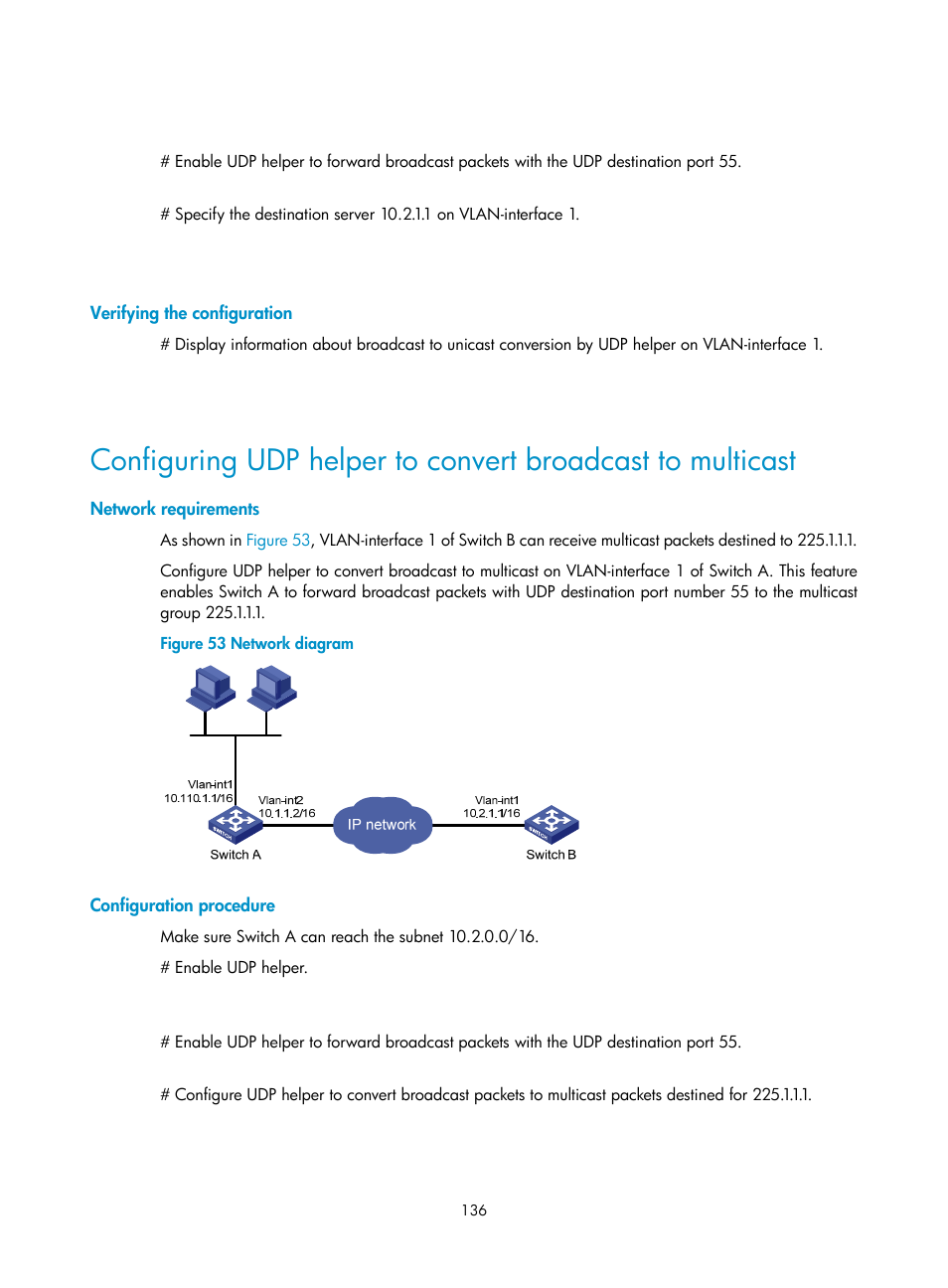 Verifying the configuration, Network requirements, Configuration procedure | H3C Technologies H3C S5560 Series Switches User Manual | Page 151 / 291