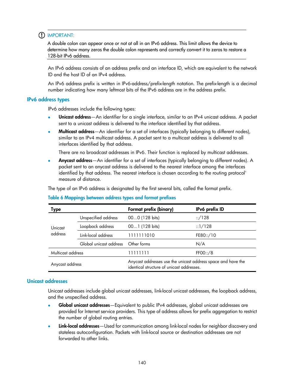 Ipv6 address types, Unicast addresses | H3C Technologies H3C S5560 Series Switches User Manual | Page 155 / 291