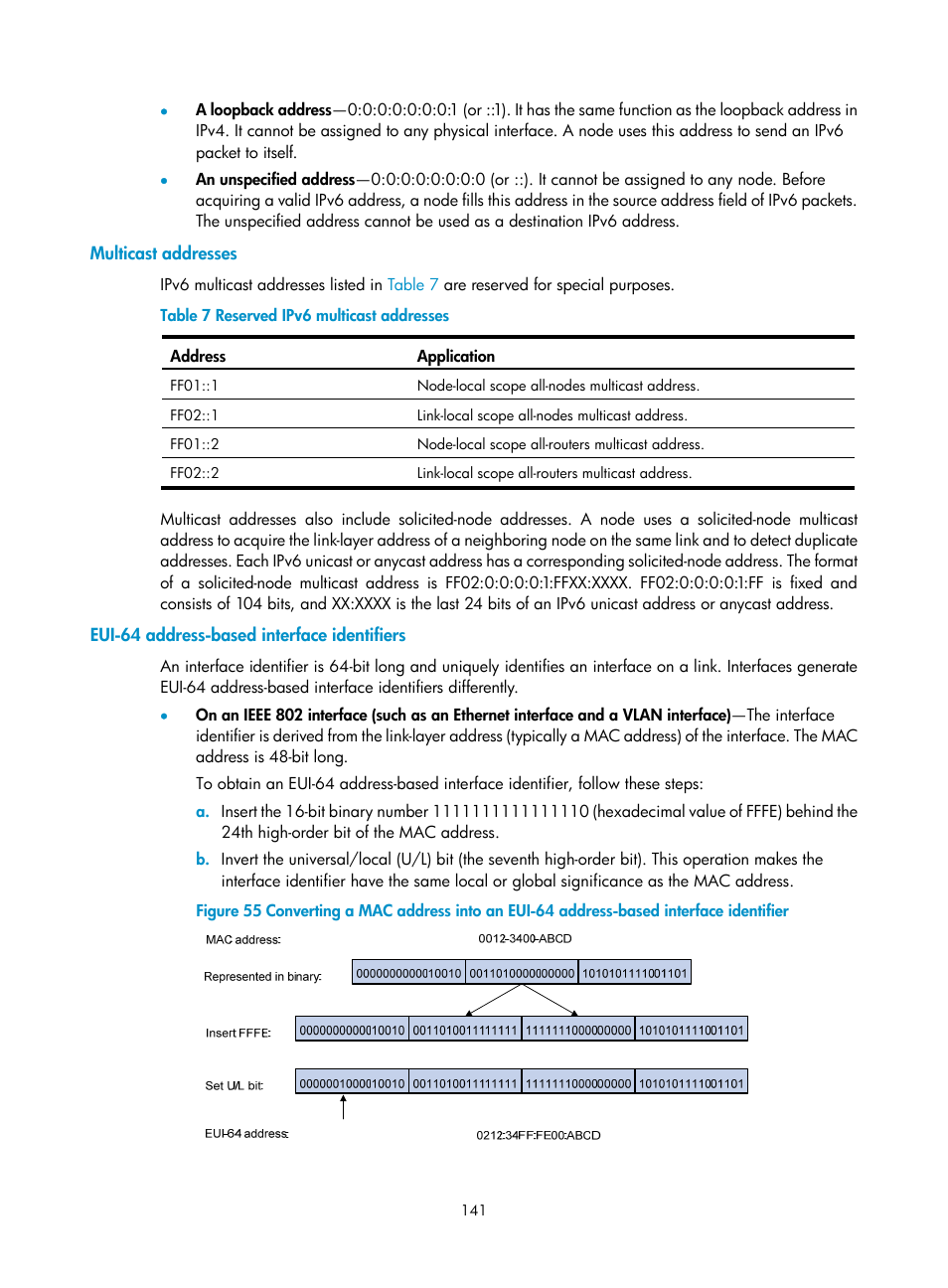 Multicast addresses, Eui-64 address-based interface identifiers | H3C Technologies H3C S5560 Series Switches User Manual | Page 156 / 291