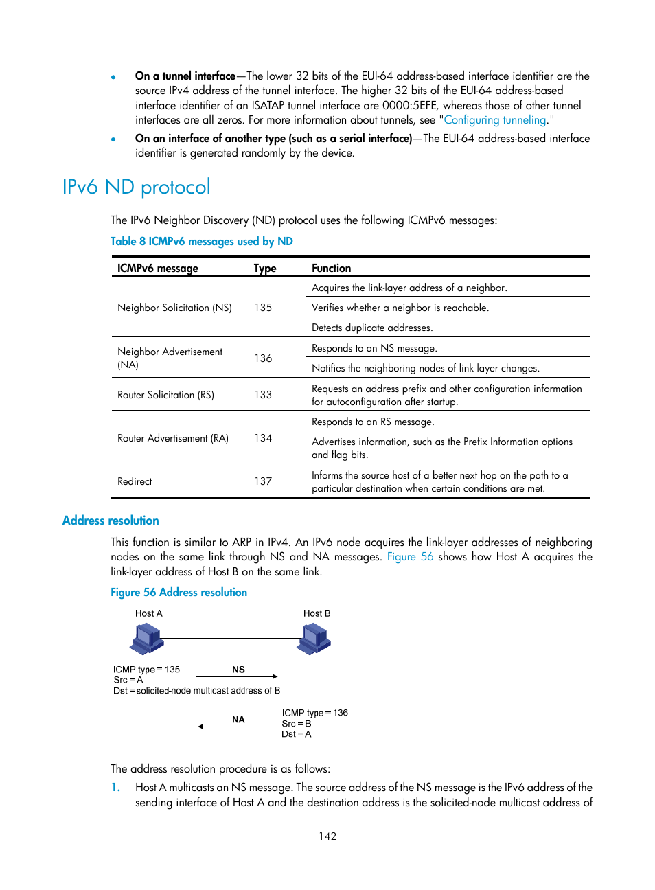 Ipv6 nd protocol, Address resolution | H3C Technologies H3C S5560 Series Switches User Manual | Page 157 / 291