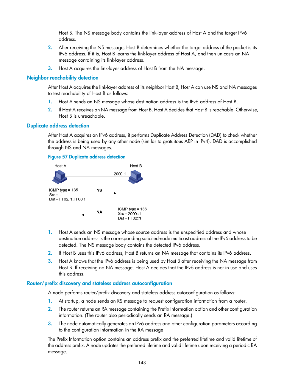 Neighbor reachability detection, Duplicate address detection | H3C Technologies H3C S5560 Series Switches User Manual | Page 158 / 291