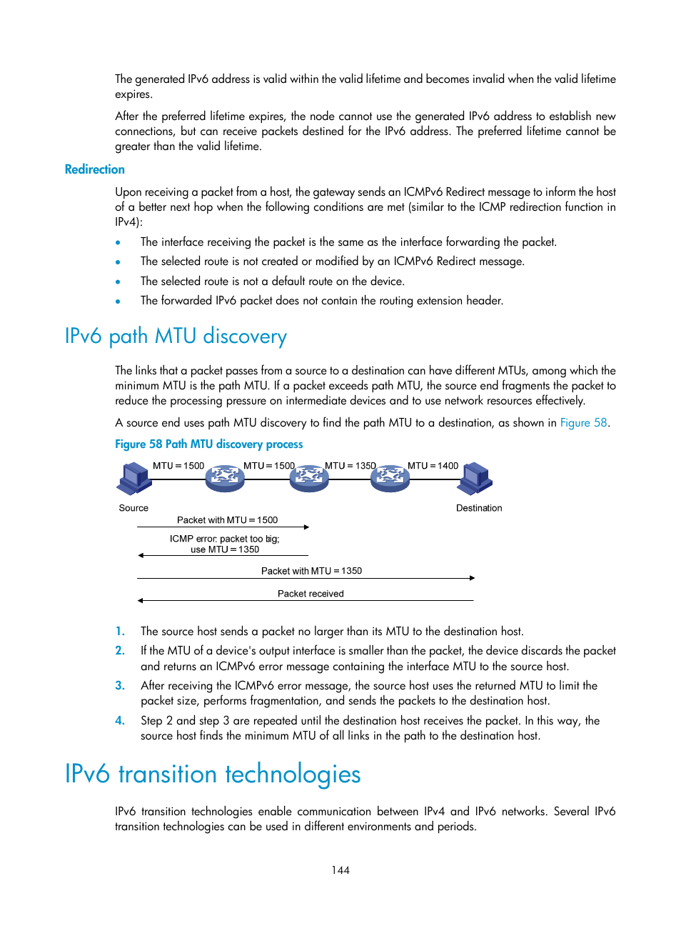 Redirection, Ipv6 path mtu discovery, Ipv6 transition technologies | H3C Technologies H3C S5560 Series Switches User Manual | Page 159 / 291