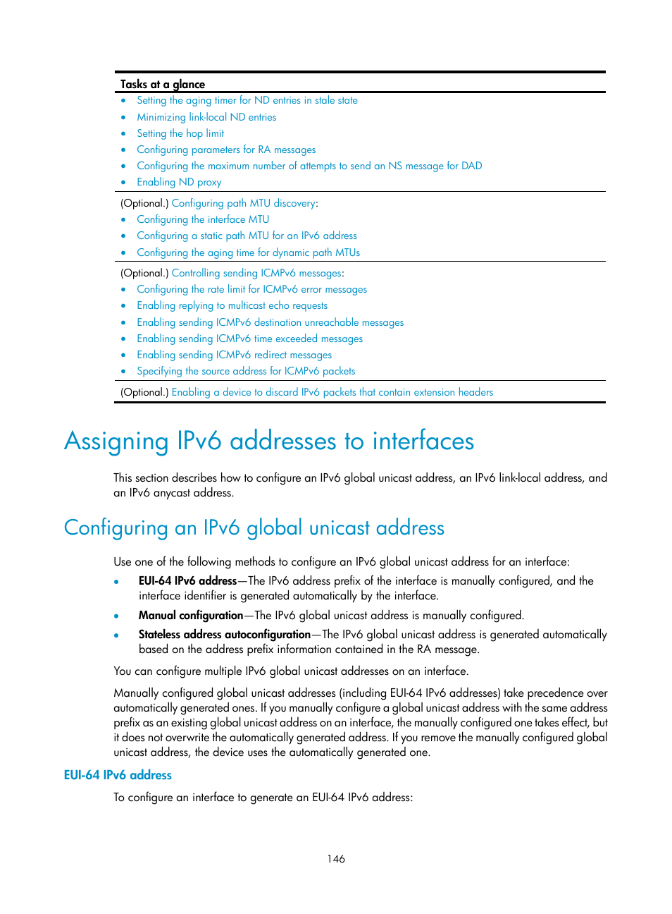 Assigning ipv6 addresses to interfaces, Configuring an ipv6 global unicast address, Eui-64 ipv6 address | Required.) | H3C Technologies H3C S5560 Series Switches User Manual | Page 161 / 291