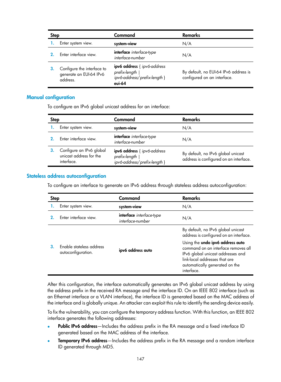 Manual configuration, Stateless address autoconfiguration | H3C Technologies H3C S5560 Series Switches User Manual | Page 162 / 291
