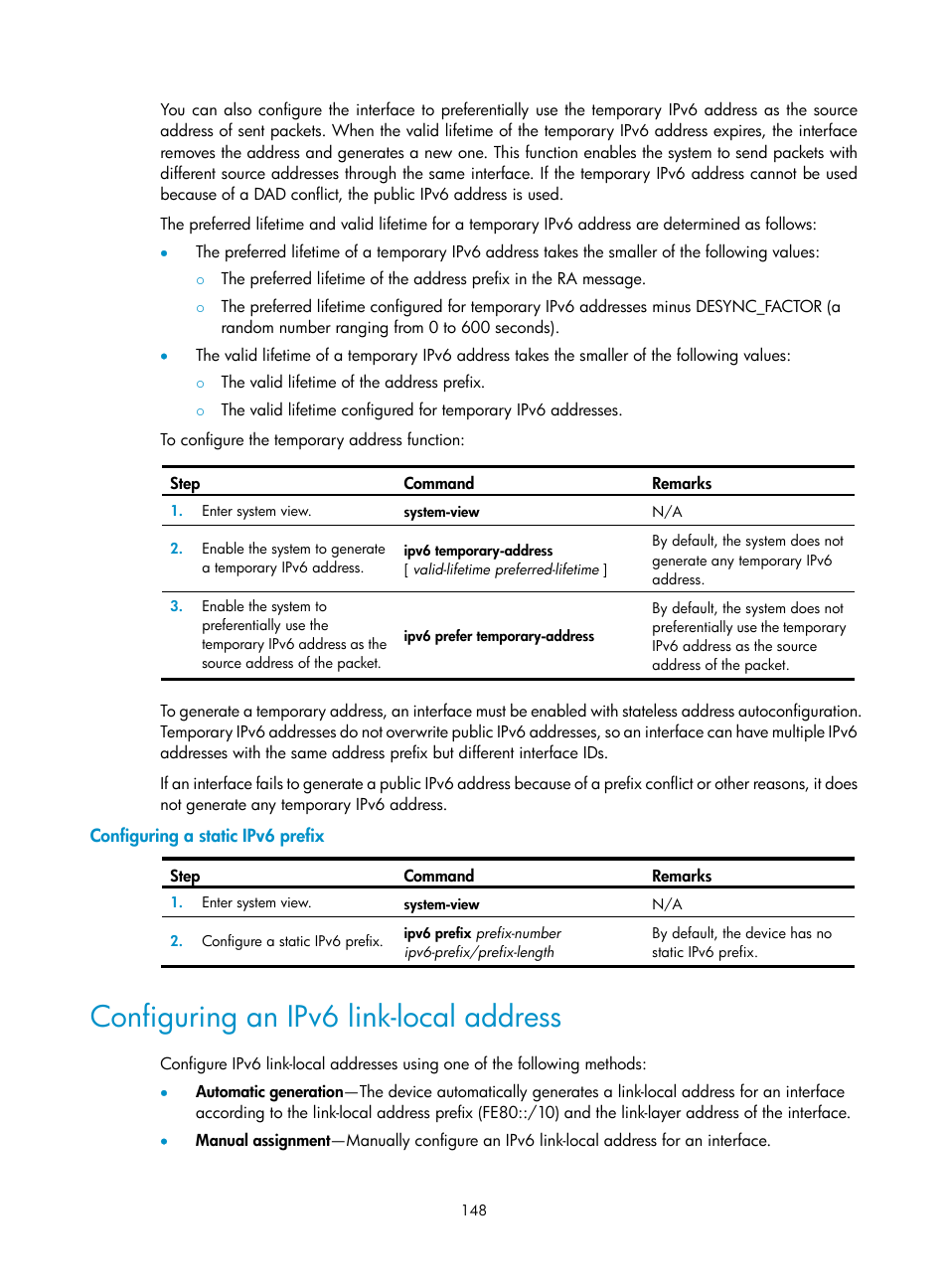 Configuring a static ipv6 prefix, Configuring an ipv6 link-local address | H3C Technologies H3C S5560 Series Switches User Manual | Page 163 / 291