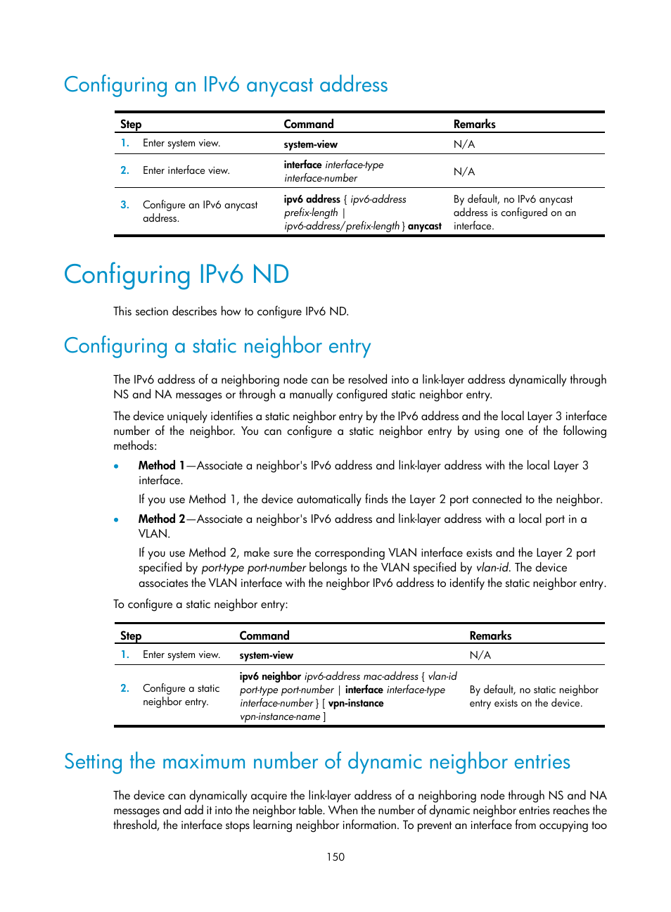 Configuring an ipv6 anycast address, Configuring ipv6 nd, Configuring a static neighbor entry | H3C Technologies H3C S5560 Series Switches User Manual | Page 165 / 291