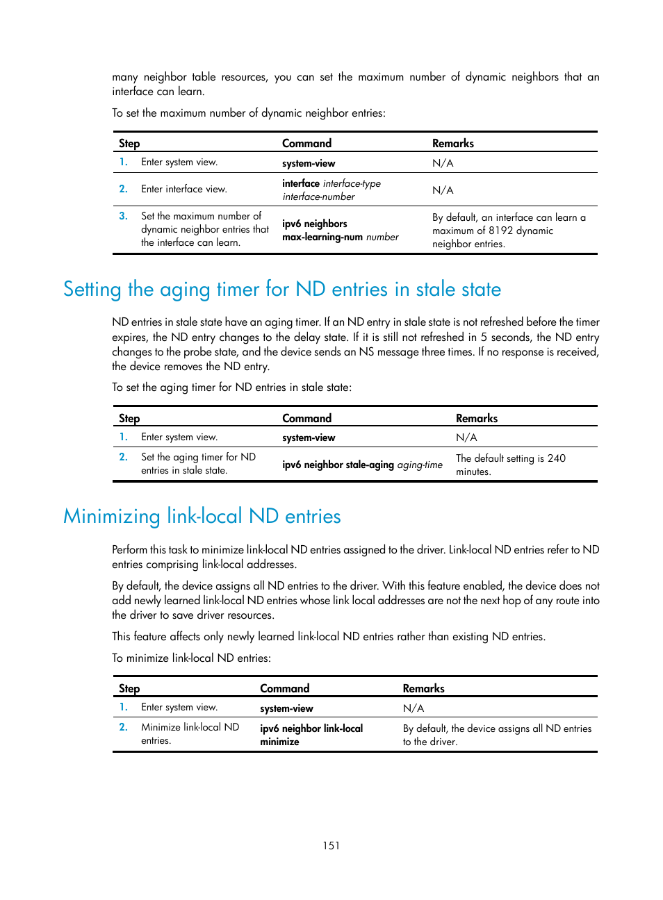Minimizing link-local nd entries | H3C Technologies H3C S5560 Series Switches User Manual | Page 166 / 291