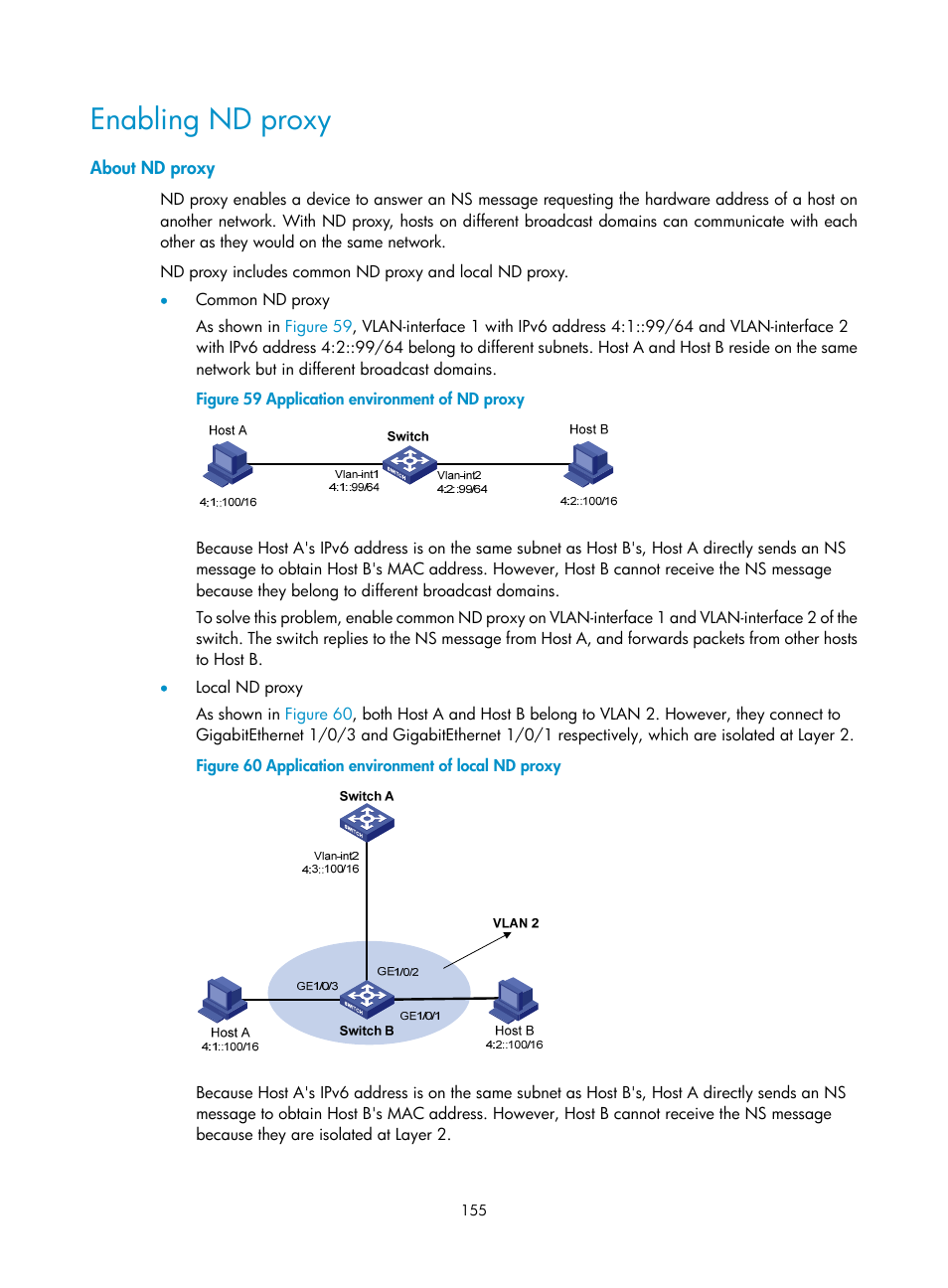 Enabling nd proxy, About nd proxy | H3C Technologies H3C S5560 Series Switches User Manual | Page 170 / 291