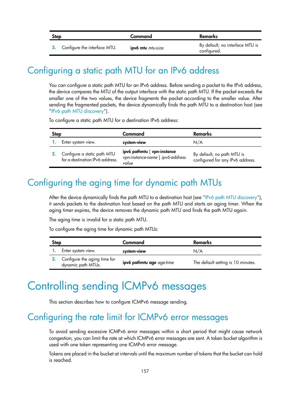 Configuring a static path mtu for an ipv6 address, Configuring the aging time for dynamic path mtus, Controlling sending icmpv6 messages | H3C Technologies H3C S5560 Series Switches User Manual | Page 172 / 291