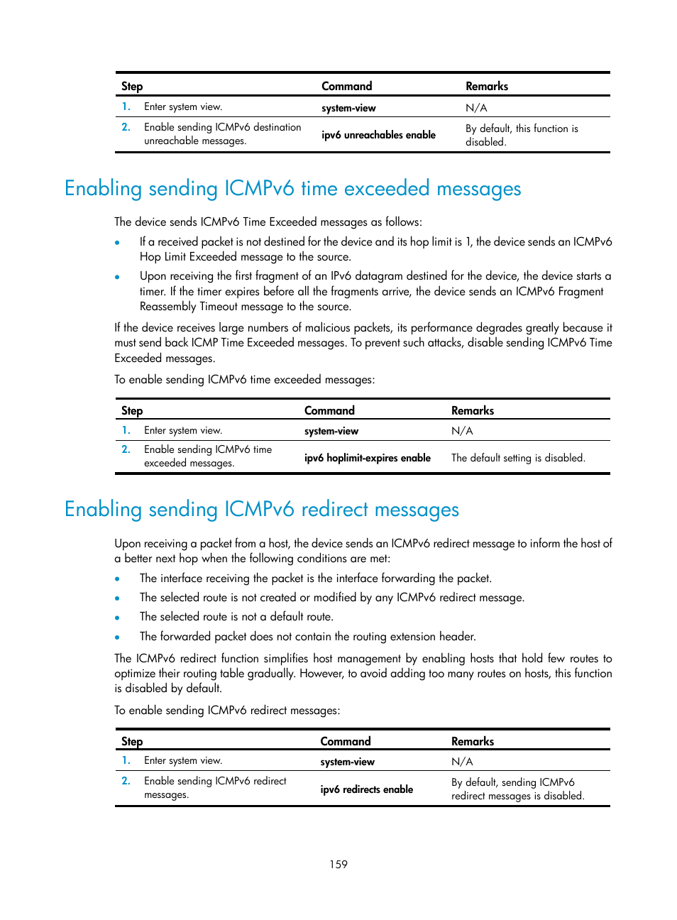 Enabling sending icmpv6 time exceeded messages, Enabling sending icmpv6 redirect messages | H3C Technologies H3C S5560 Series Switches User Manual | Page 174 / 291